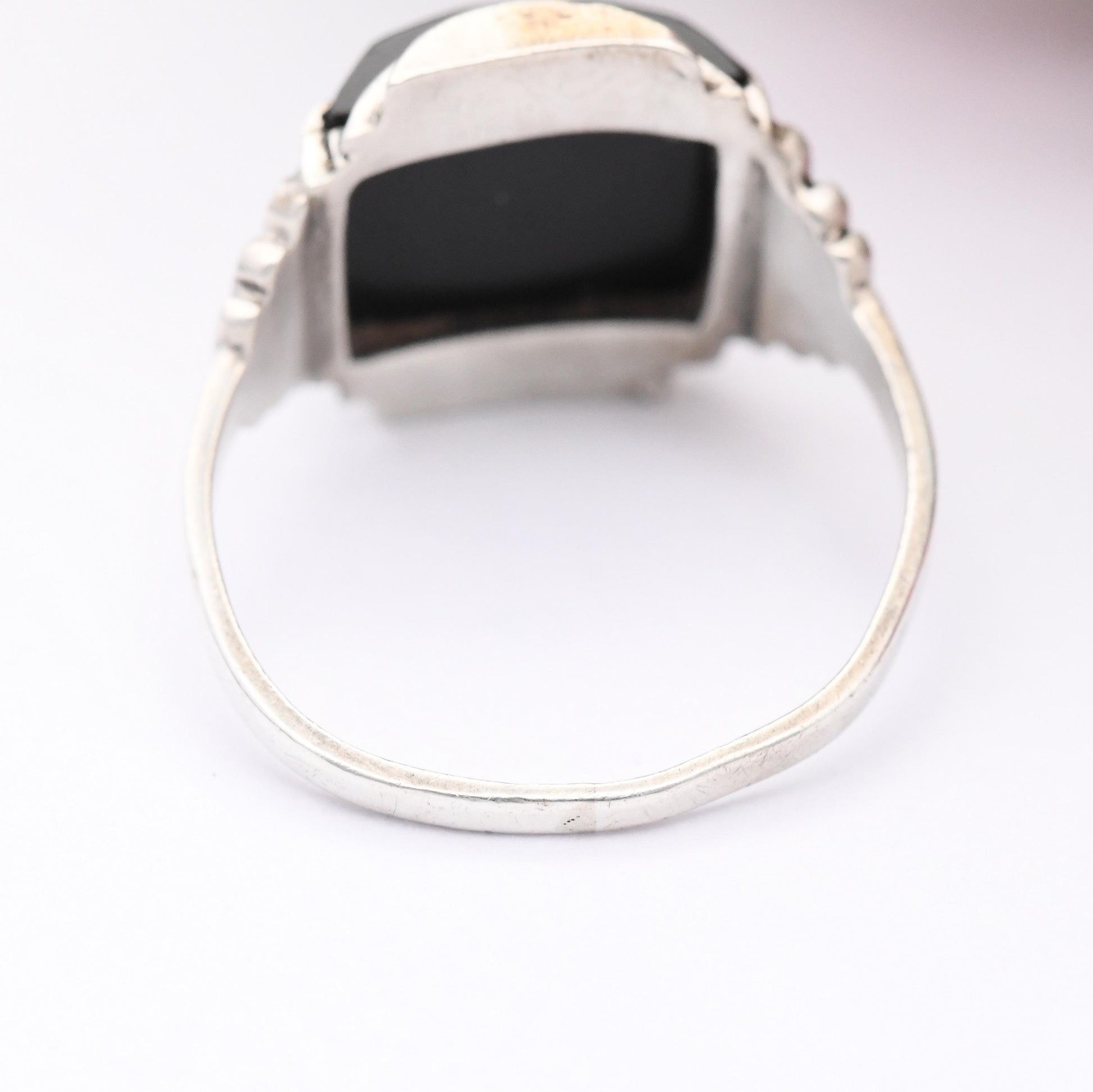 Antique Art Deco Silver Onyx Marcasite Ring 1920s 1930s - Faceted Square Onyx Gemstone Geometric Shapes | UK Size - Q 1/2 | US Size - 8 1/4