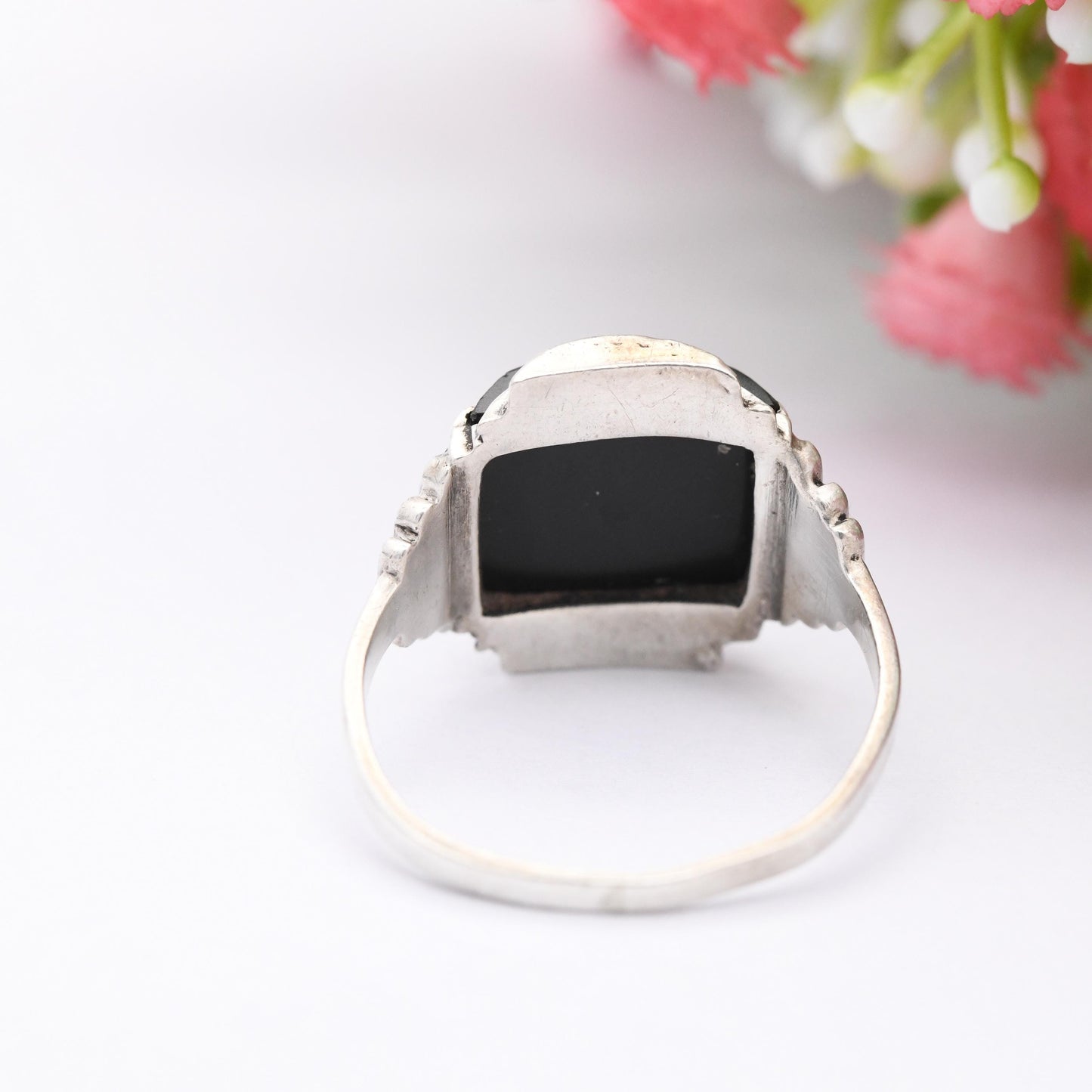 Antique Art Deco Silver Onyx Marcasite Ring 1920s 1930s - Faceted Square Onyx Gemstone Geometric Shapes | UK Size - Q 1/2 | US Size - 8 1/4