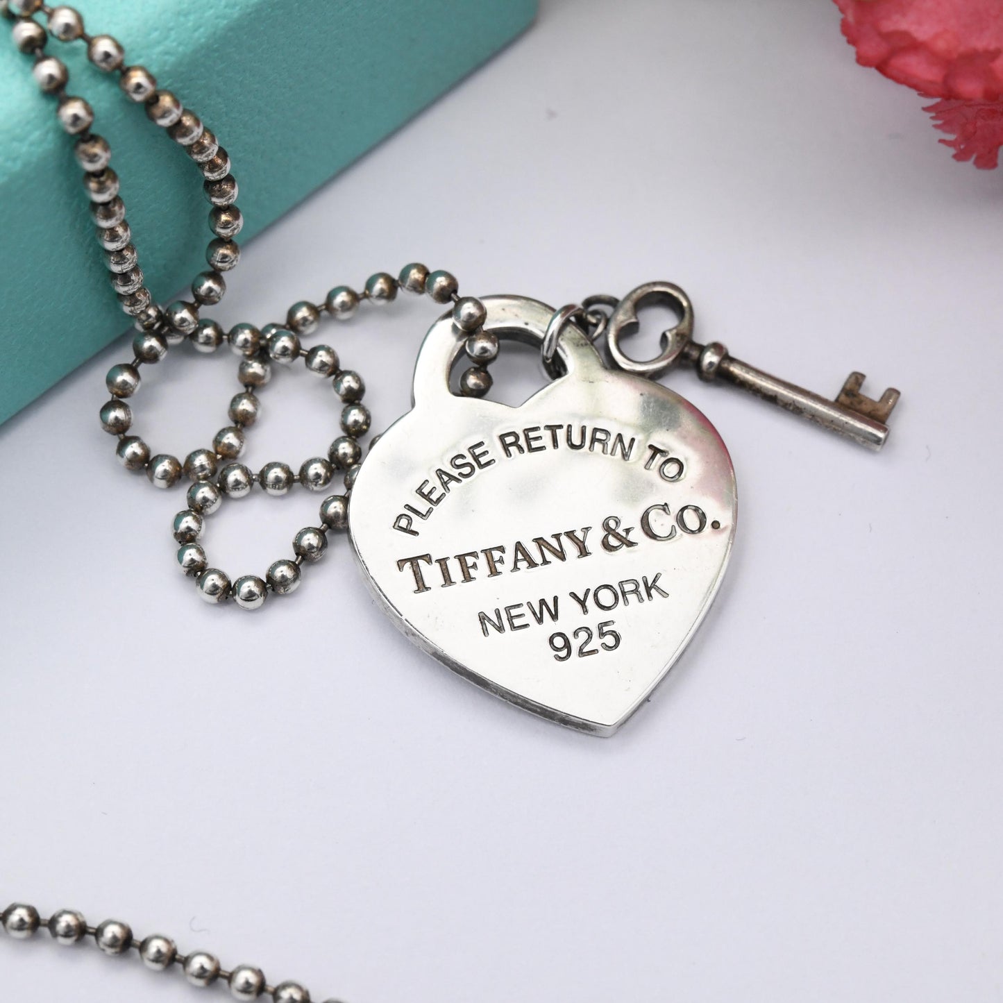 Please Return to Tiffany & Co Sterling Silver Key and Heart Tag Pendant Necklace - Signed Designer Jewellery Christmas Gift Charm Genuine