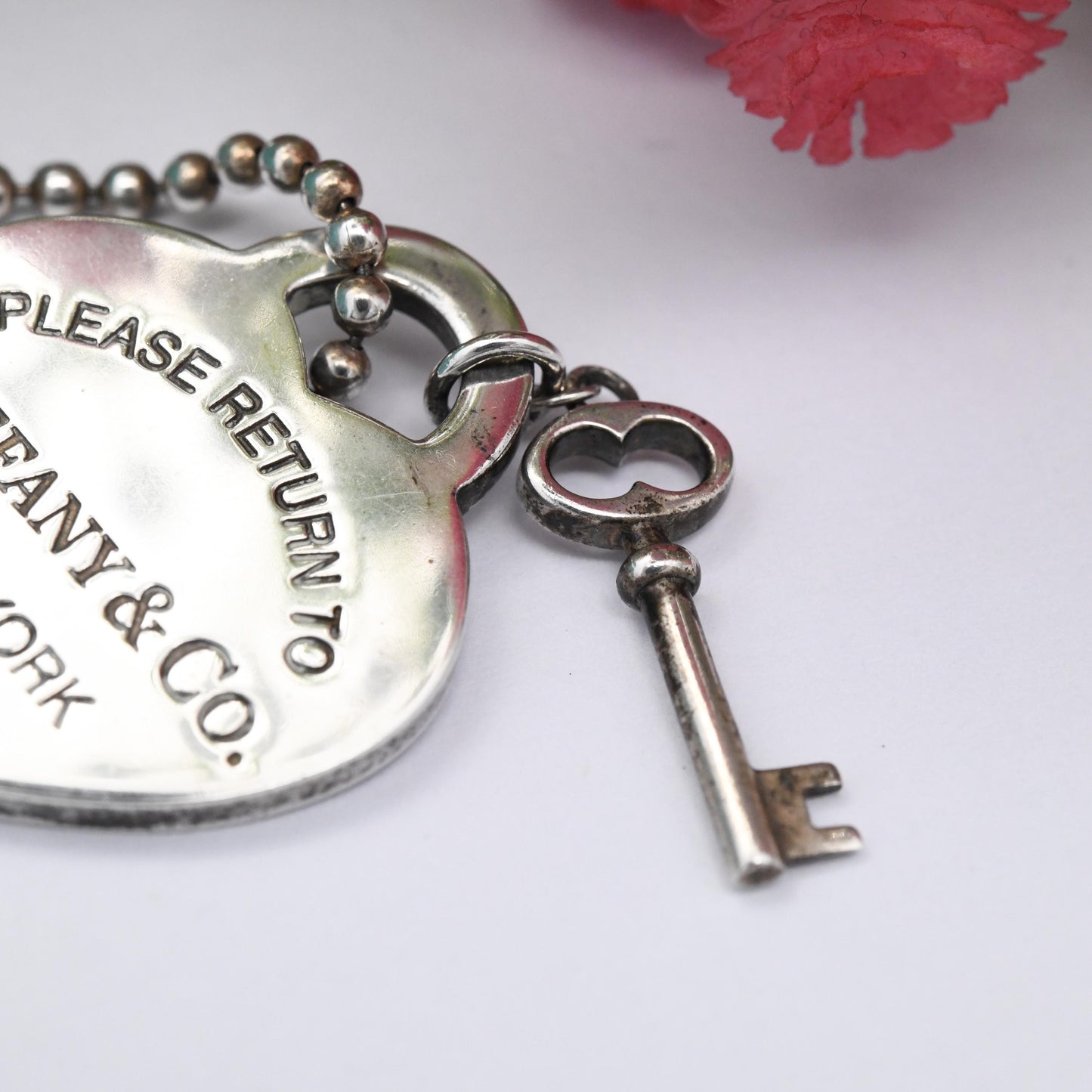 Please Return to Tiffany & Co Sterling Silver Key and Heart Tag Pendant Necklace - Signed Designer Jewellery Christmas Gift Charm Genuine