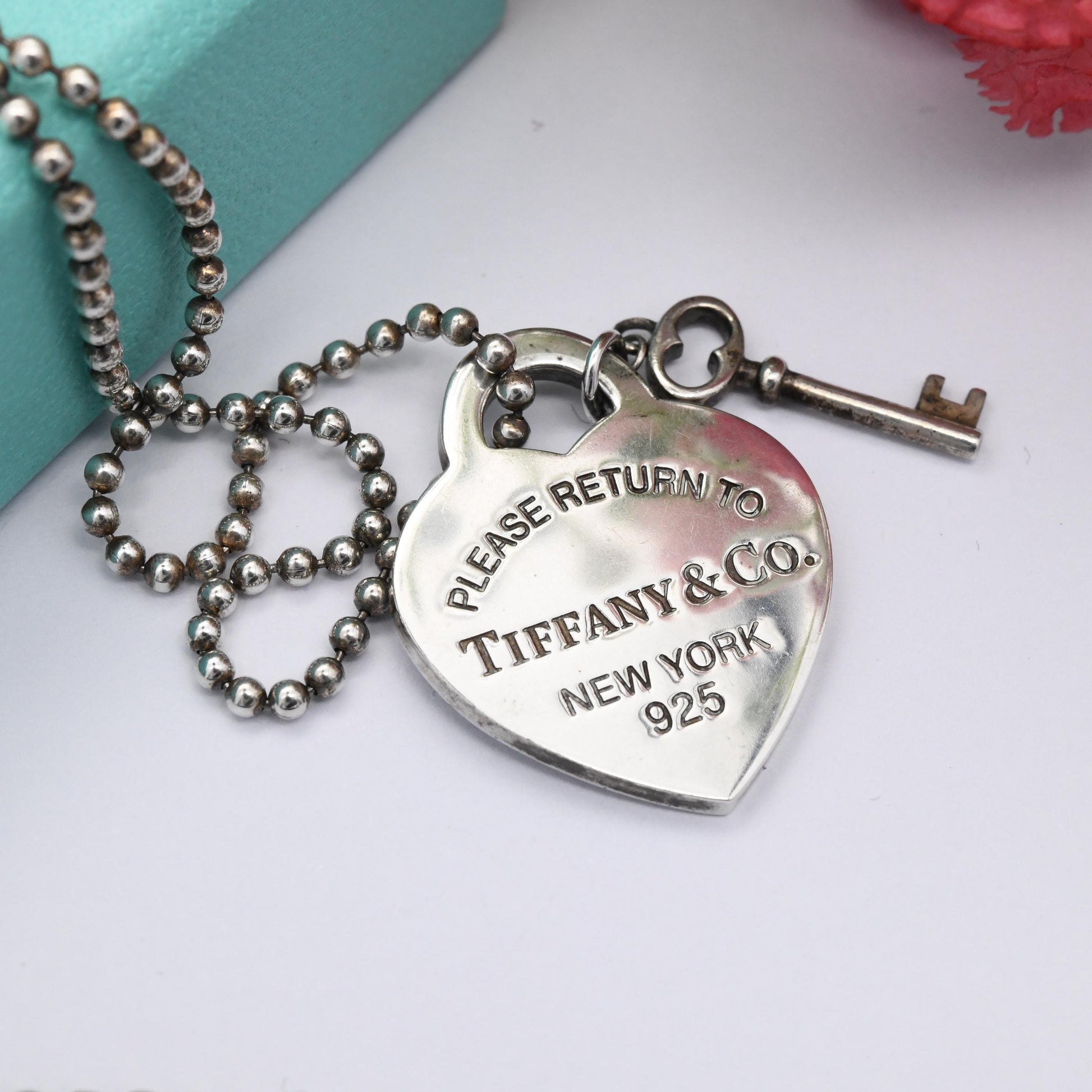 Please Return to Tiffany & Co Sterling Silver Key and Heart Tag Pendant Necklace - Signed Designer Jewellery Christmas Gift Charm Genuine