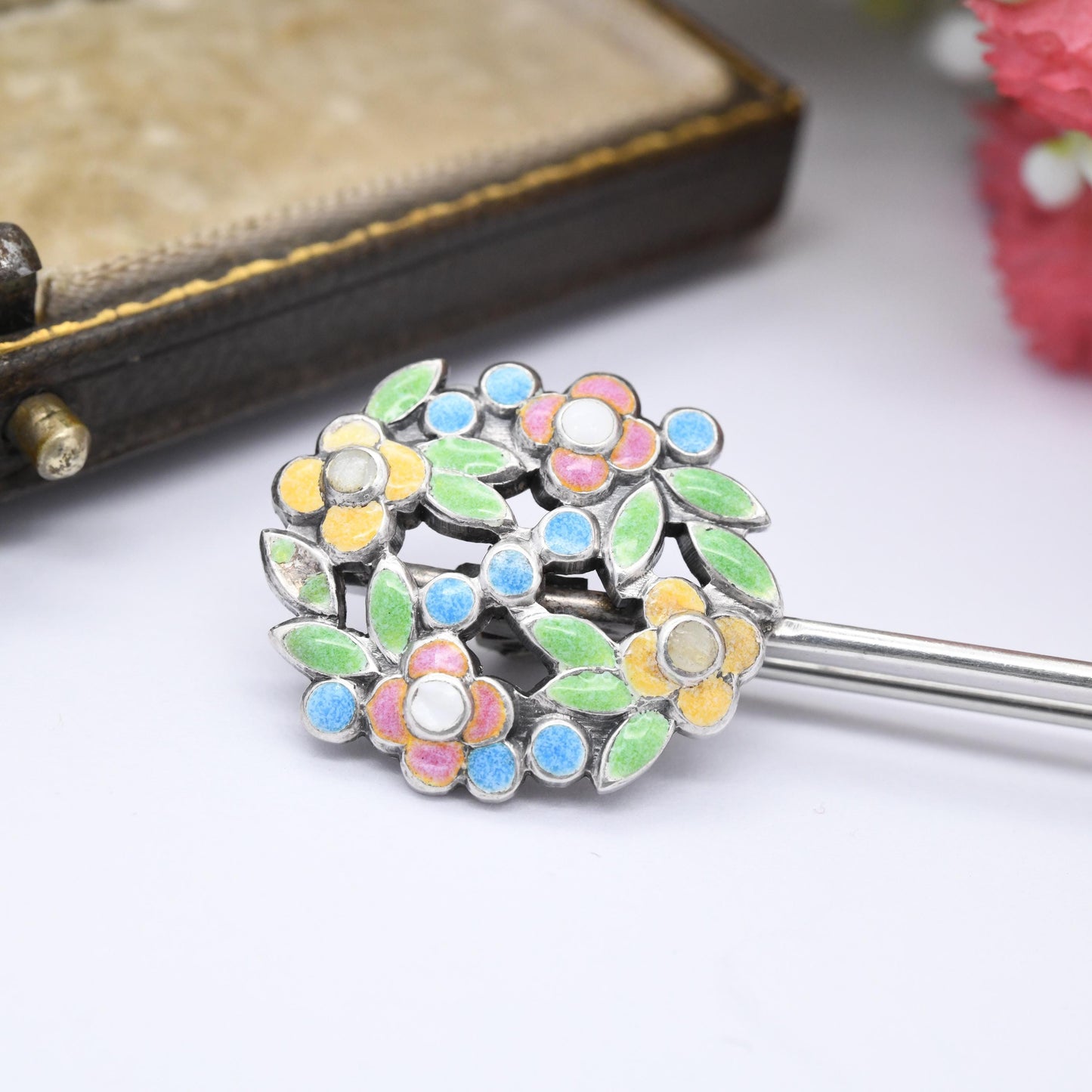 Vintage Bernard Instone Sterling Silver Enamel Flower Brooch - Arts and Crafts Designer | Bunch of Flowers | Long Pin | Unsigned c. 1930s