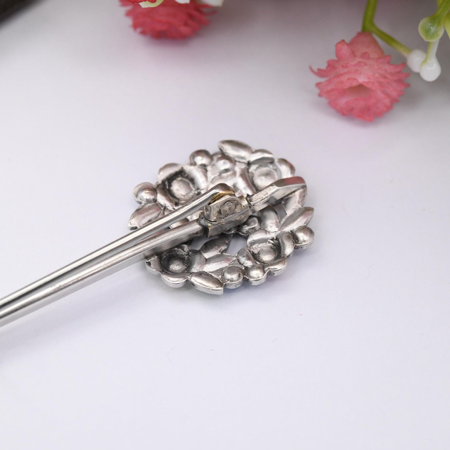 Vintage Bernard Instone Sterling Silver Enamel Flower Brooch - Arts and Crafts Designer | Bunch of Flowers | Long Pin | Unsigned c. 1930s