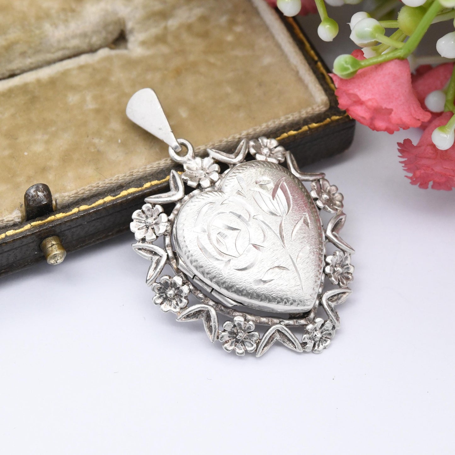 Vintage Sterling Silver Heart Locket Pendant 1973 - Unusual Large Floral Love Heart Shape | Flower Border Rose | Sweet Gift for Her Daughter