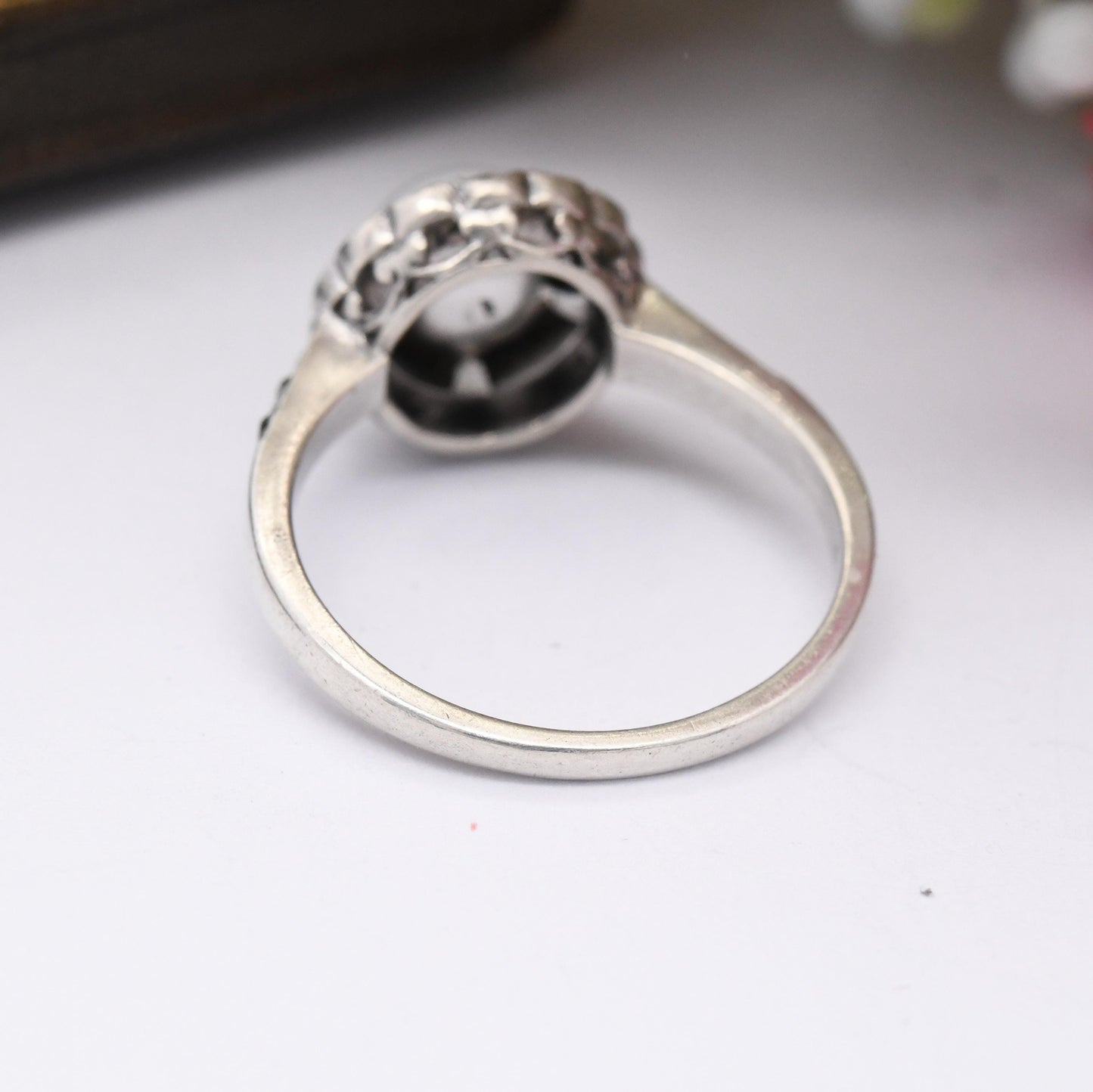 Vintage Silver Cocktail Ring with Floral Halo Paste Stones - Glass Art Deco Style | Statement Gift for Her | UK Size - N | US Size - 6 1/2