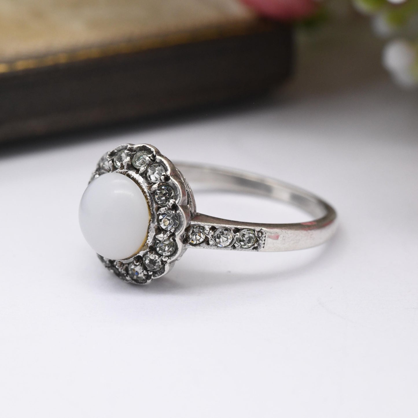 Vintage Silver Cocktail Ring with Floral Halo Paste Stones - Glass Art Deco Style | Statement Gift for Her | UK Size - N | US Size - 6 1/2