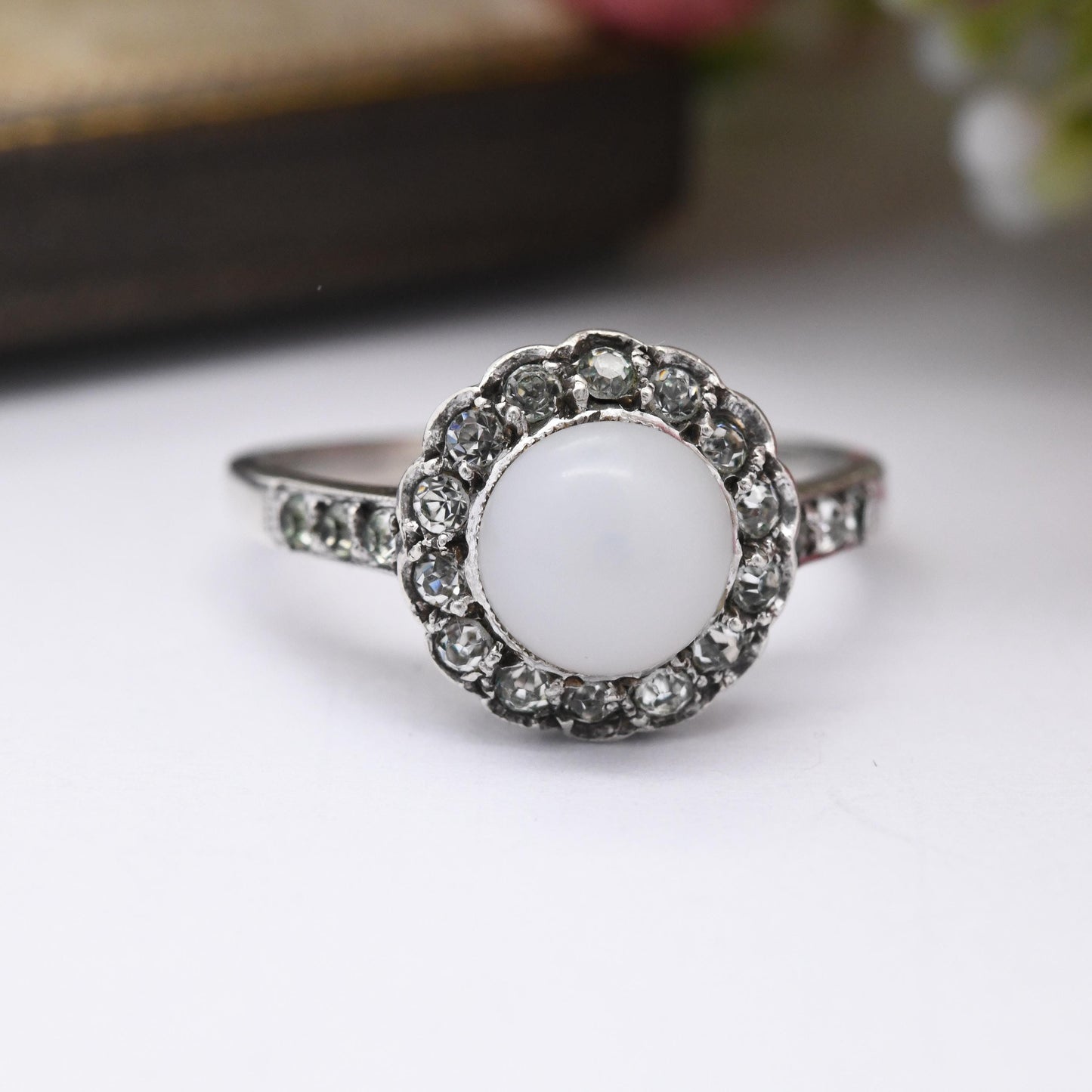 Vintage Silver Cocktail Ring with Floral Halo Paste Stones - Glass Art Deco Style | Statement Gift for Her | UK Size - N | US Size - 6 1/2