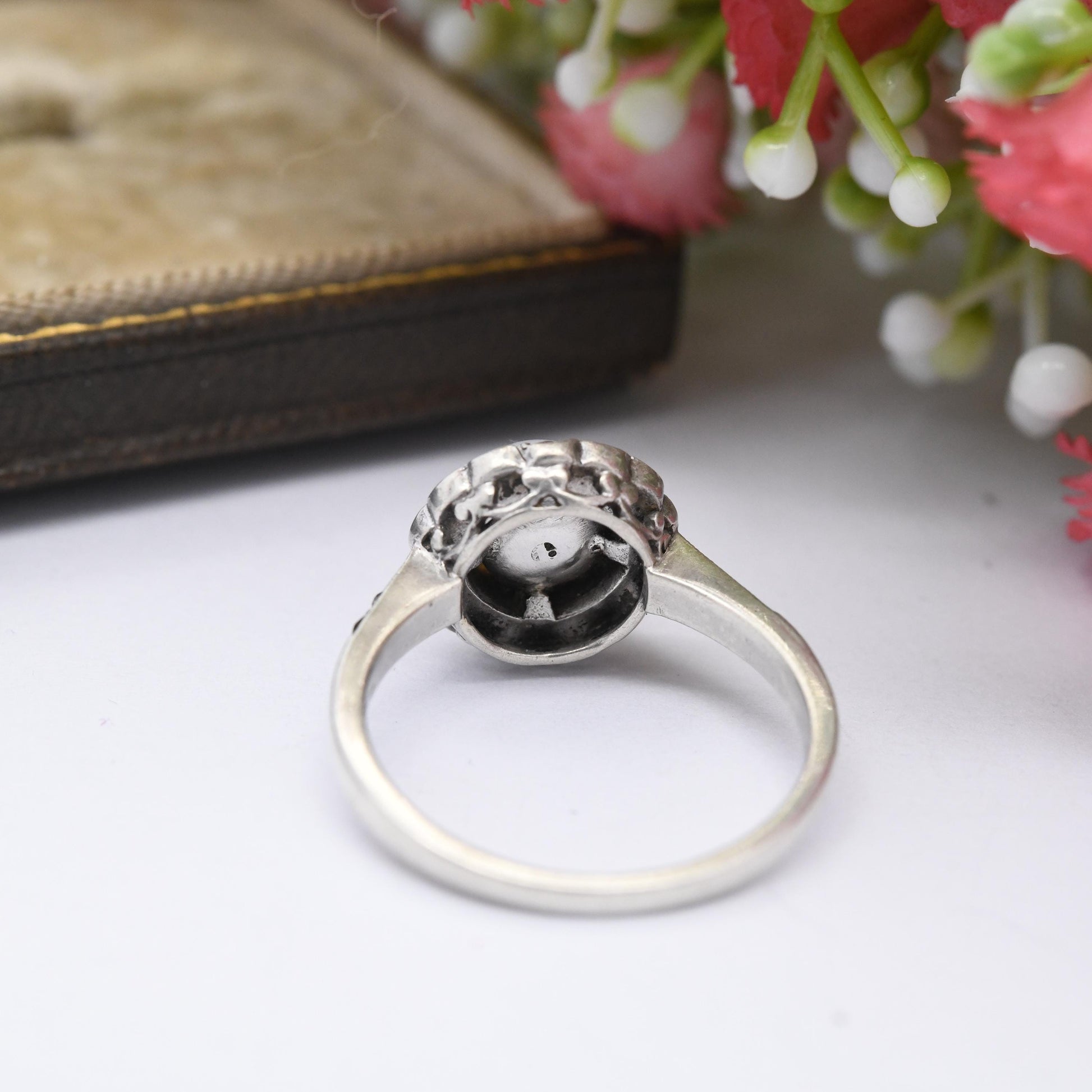 Vintage Silver Cocktail Ring with Floral Halo Paste Stones - Glass Art Deco Style | Statement Gift for Her | UK Size - N | US Size - 6 1/2