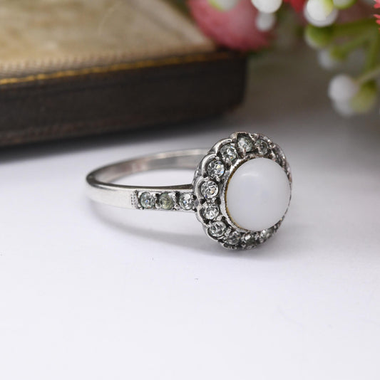 Vintage Silver Cocktail Ring with Floral Halo Paste Stones - Glass Art Deco Style | Statement Gift for Her | UK Size - N | US Size - 6 1/2