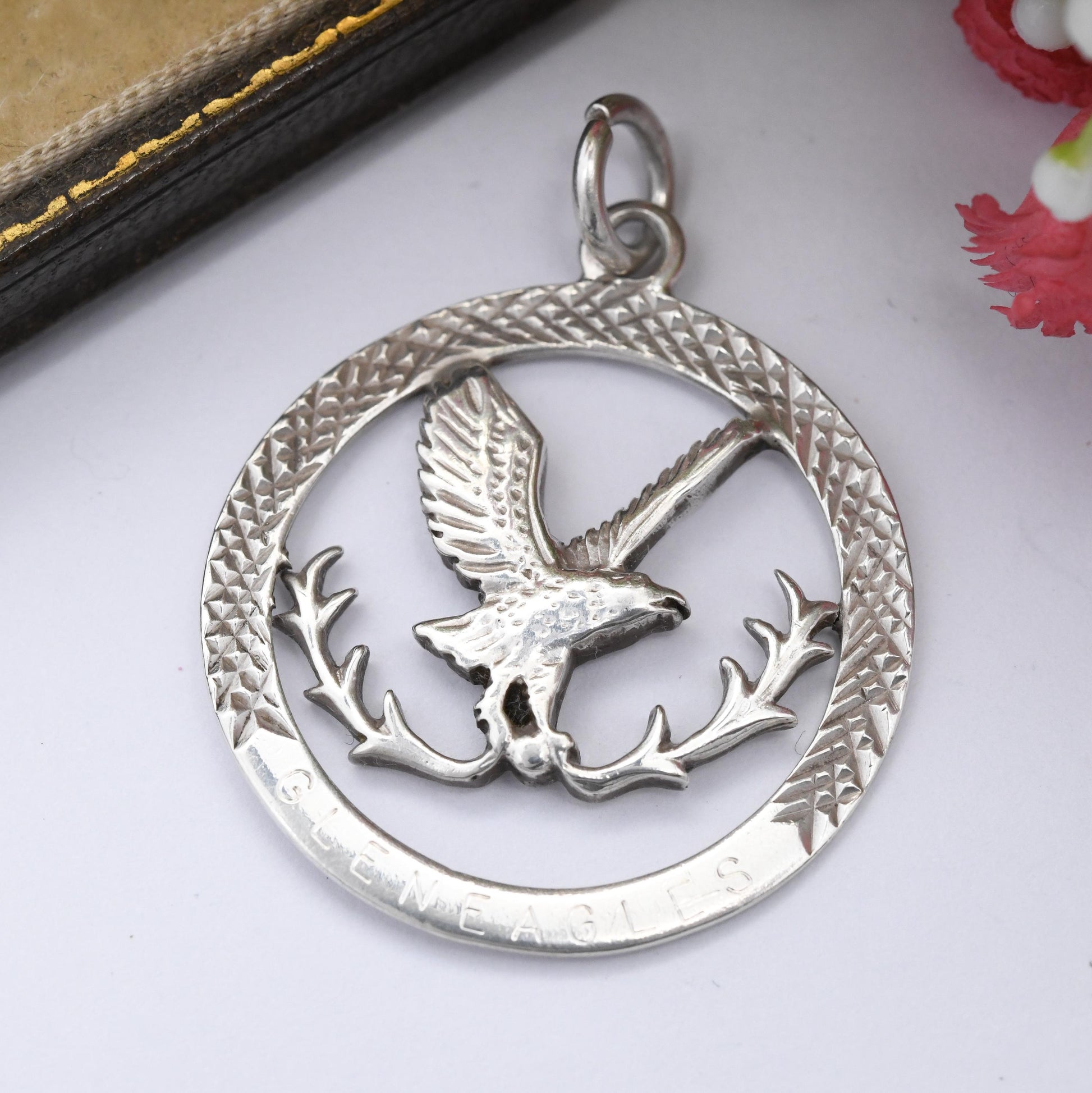 Vintage Sterling Silver Gleneagles Pendant 1980 - Openwork Flying Eagle Bird | Scottish Golf Resort Hotel Bird of Prey Souvenir Necklace