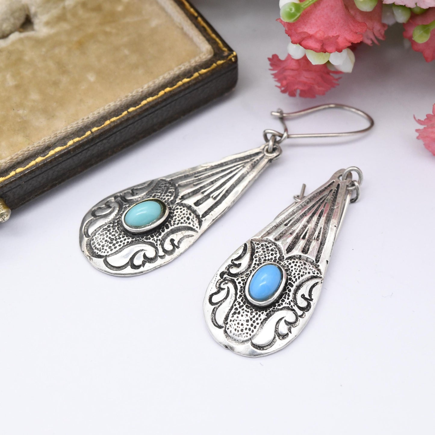 Vintage Silver Turquoise Dangle Drop Earrings - Southwestern Style Handmade | Pretty Statement Earrings | Gift for Her