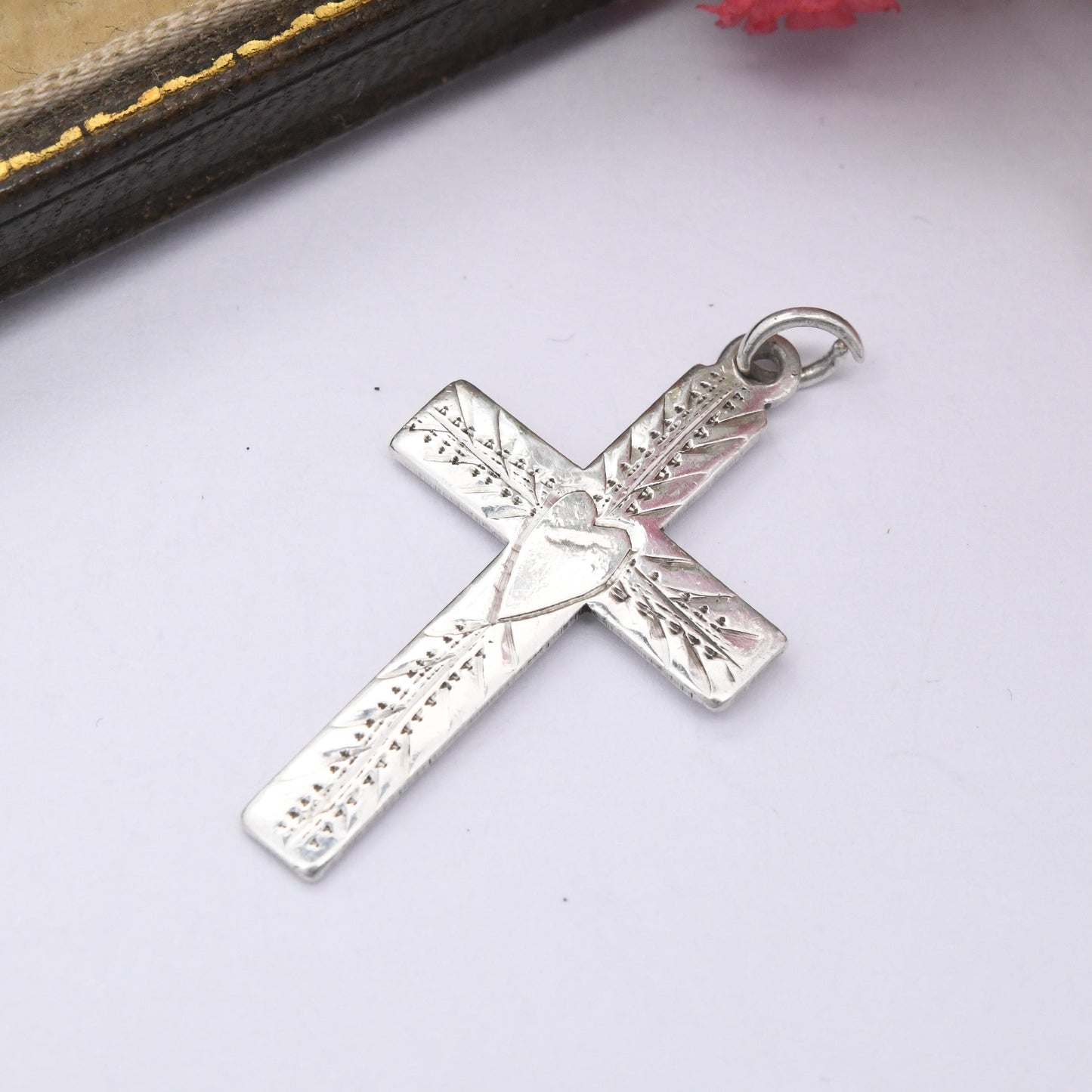 Vintage Sterling Silver Hand Engraved Cross Pendant with Love Heart Design - Sweet Christian Gift for Baptism Christening