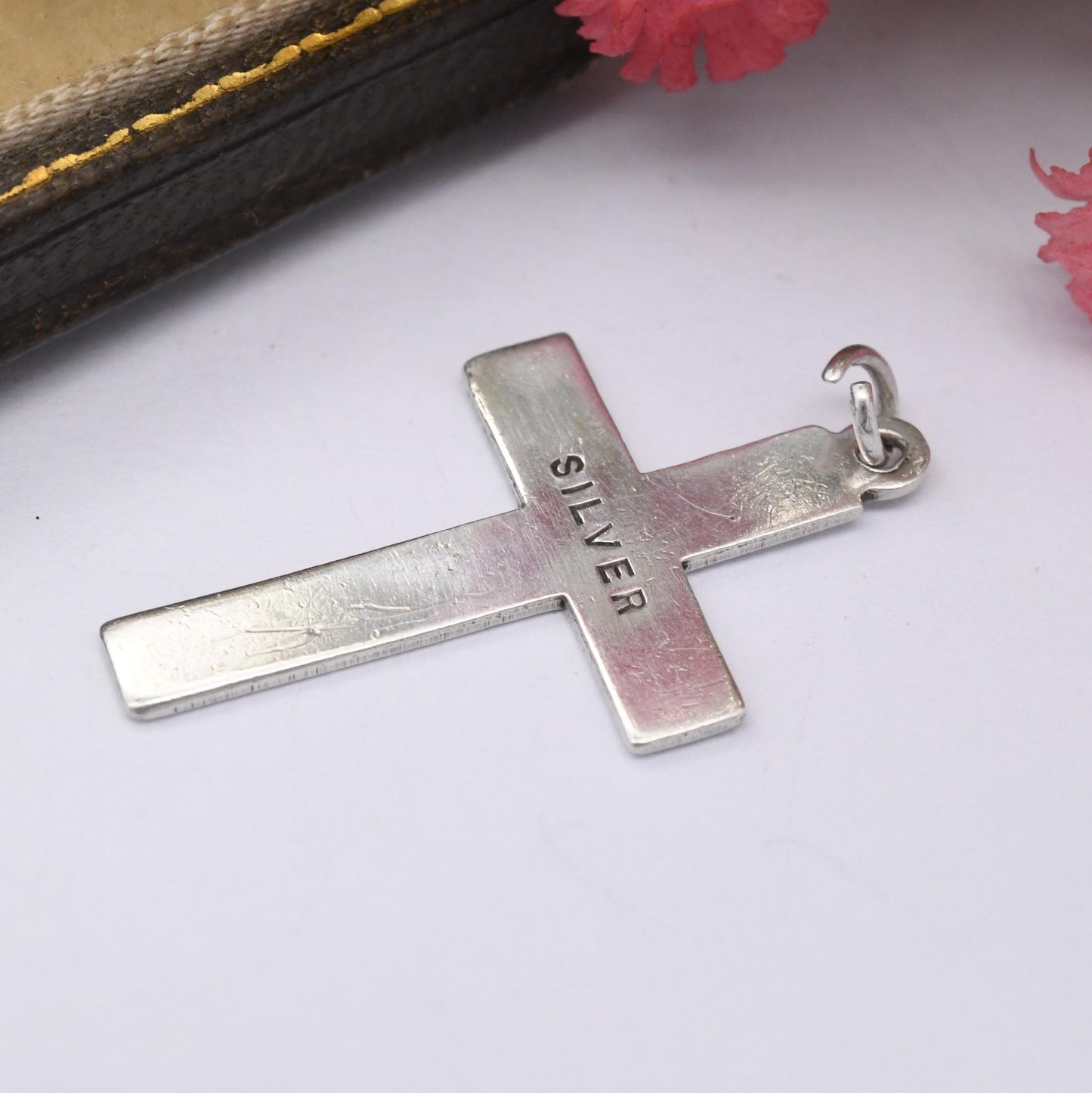 Vintage Sterling Silver Hand Engraved Cross Pendant with Love Heart Design - Sweet Christian Gift for Baptism Christening