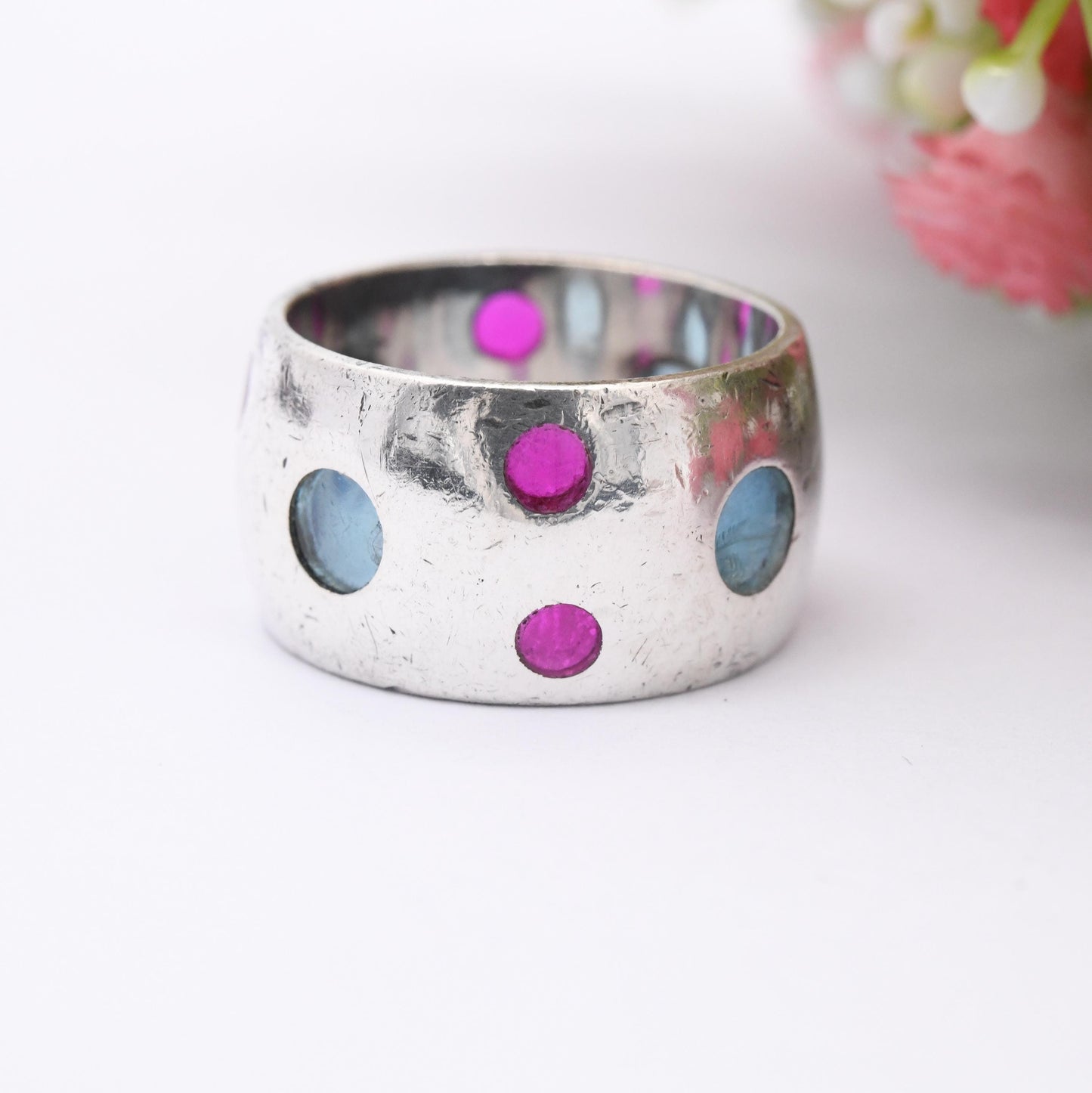 Vintage Silver Stained Glass Ring Pink Blue - Chunky Modernist Bubble Design Silver Jewellery Wide Band | UK Size - O 1/2 | US Size - 7 1/2