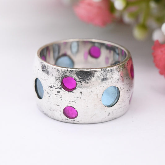 Vintage Silver Stained Glass Ring Pink Blue - Chunky Modernist Bubble Design Silver Jewellery Wide Band | UK Size - O 1/2 | US Size - 7 1/2