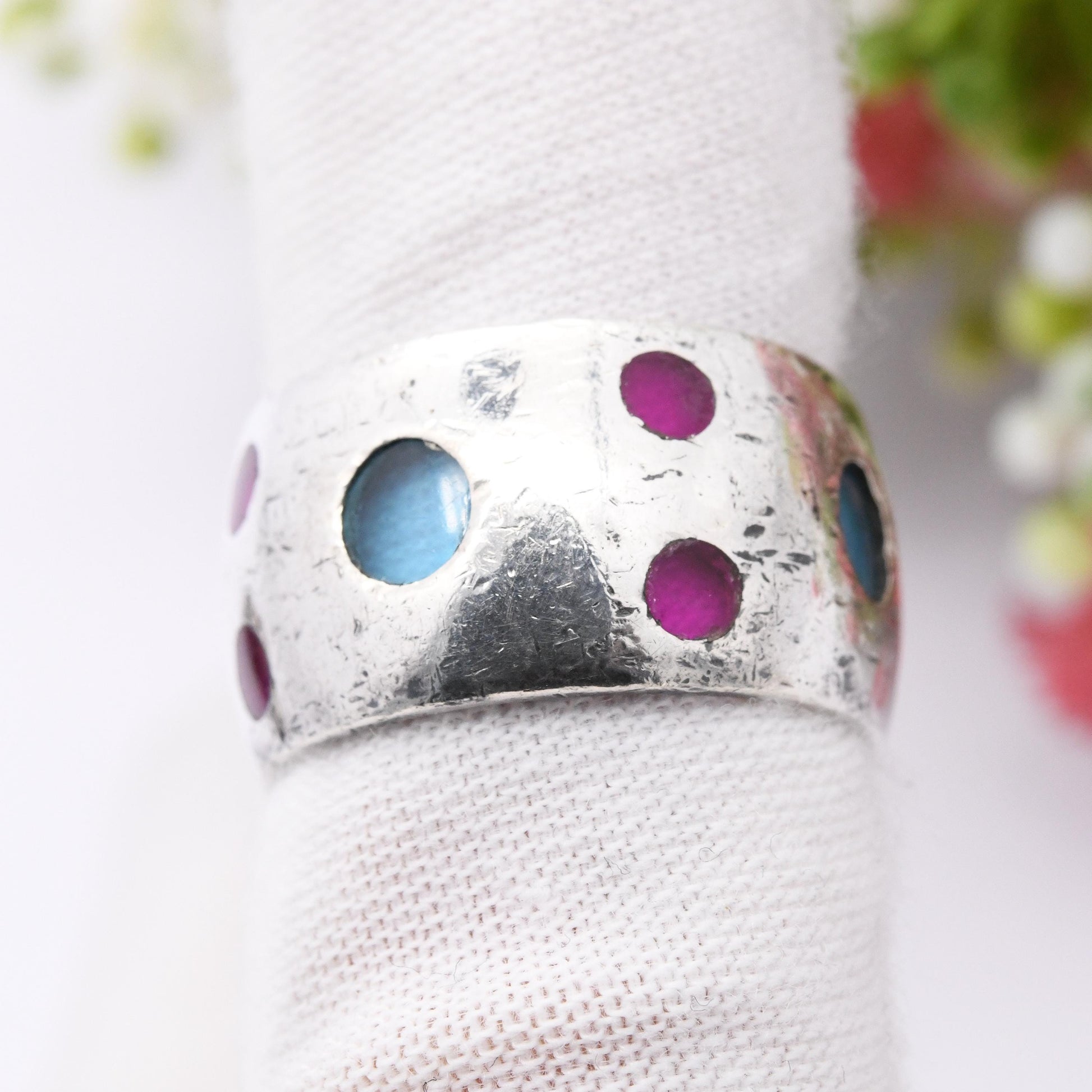 Vintage Silver Stained Glass Ring Pink Blue - Chunky Modernist Bubble Design Silver Jewellery Wide Band | UK Size - O 1/2 | US Size - 7 1/2