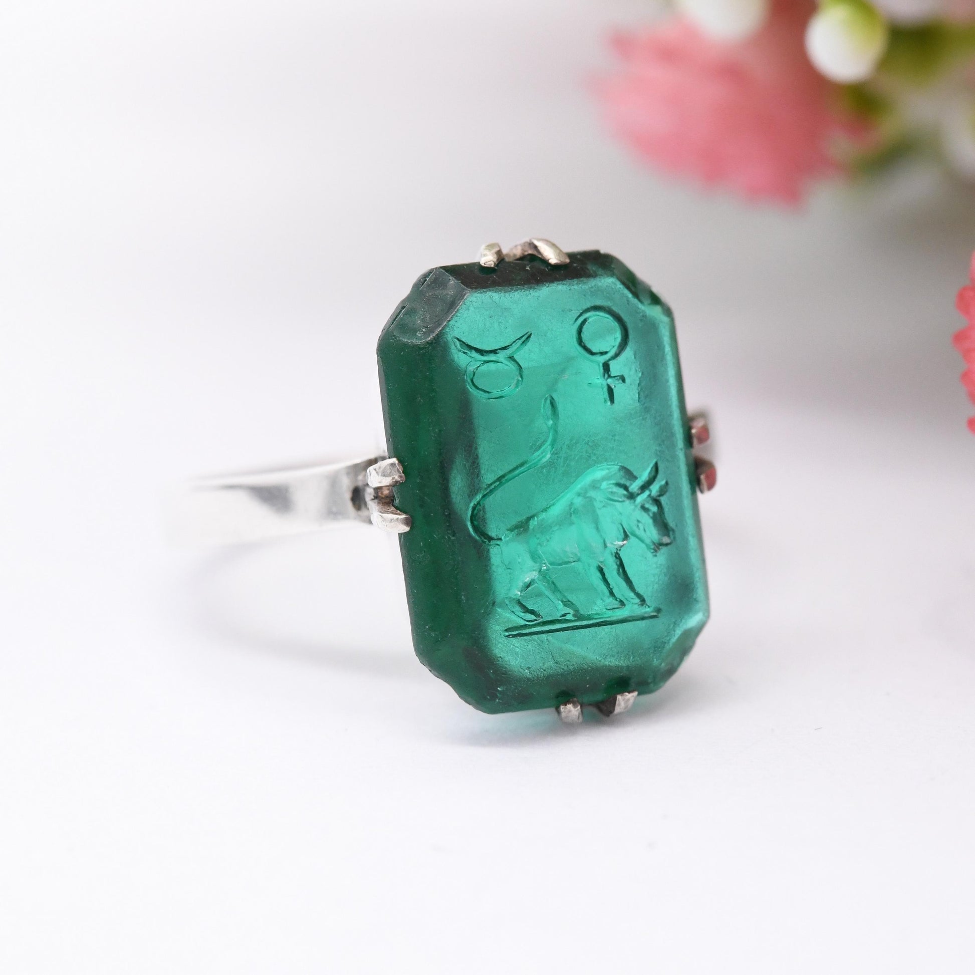 Antique Art Deco Silver Zodiac Intaglio Ring Taurus Bull - Emerald Green Paste | April May Birthday Carved | UK Size - M | US Size - 6 1/4