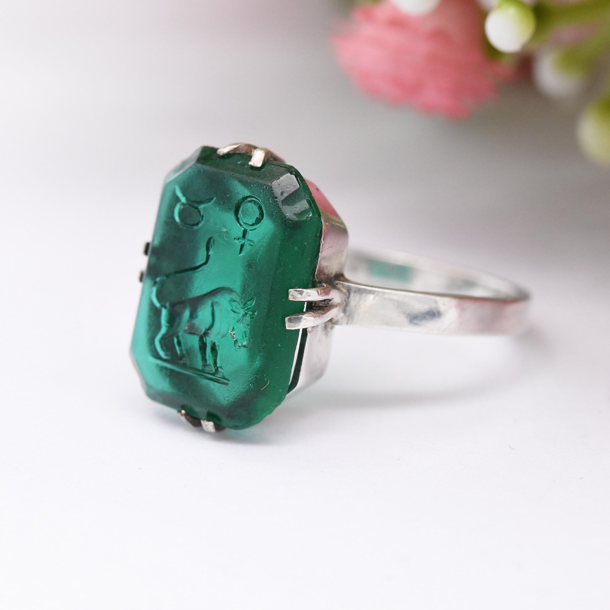 Antique Art Deco Silver Zodiac Intaglio Ring Taurus Bull - Emerald Green Paste | April May Birthday Carved | UK Size - M | US Size - 6 1/4