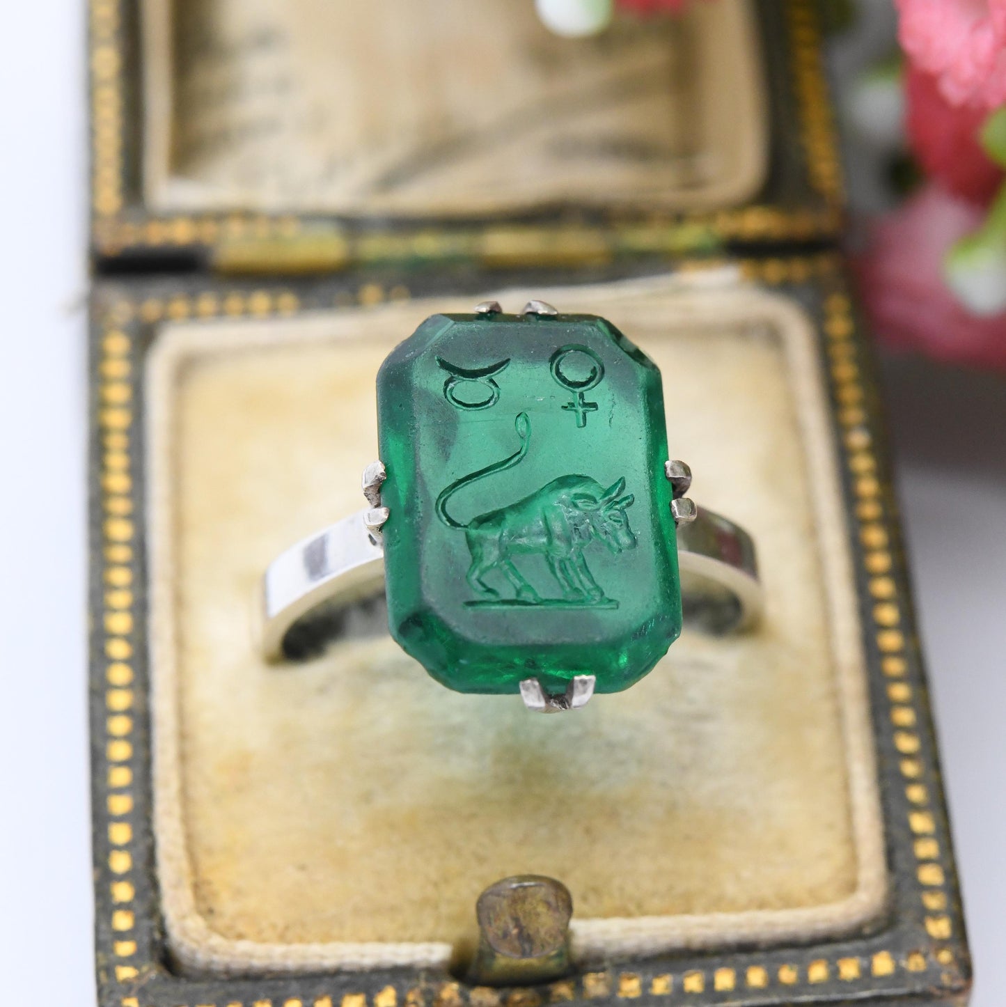 Antique Art Deco Silver Zodiac Intaglio Ring Taurus Bull - Emerald Green Paste | April May Birthday Carved | UK Size - M | US Size - 6 1/4