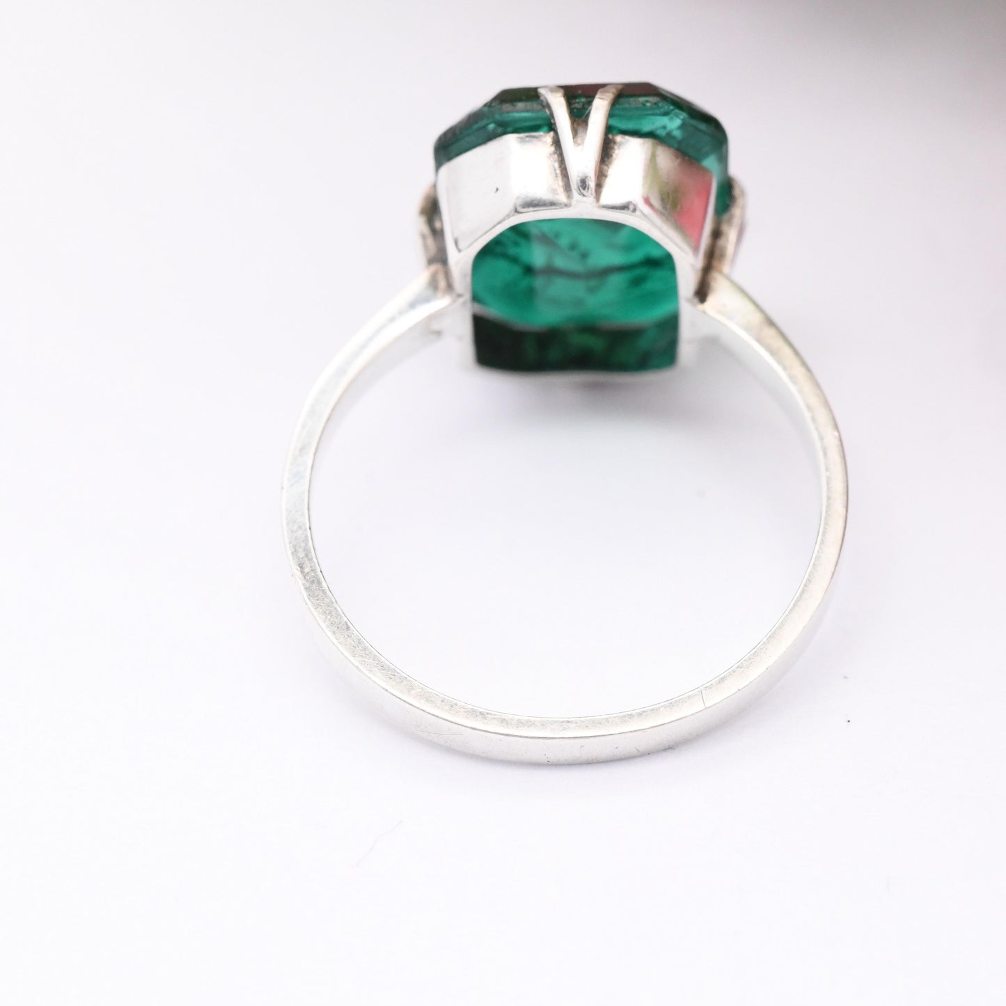 Antique Art Deco Silver Zodiac Intaglio Ring Taurus Bull - Emerald Green Paste | April May Birthday Carved | UK Size - M | US Size - 6 1/4