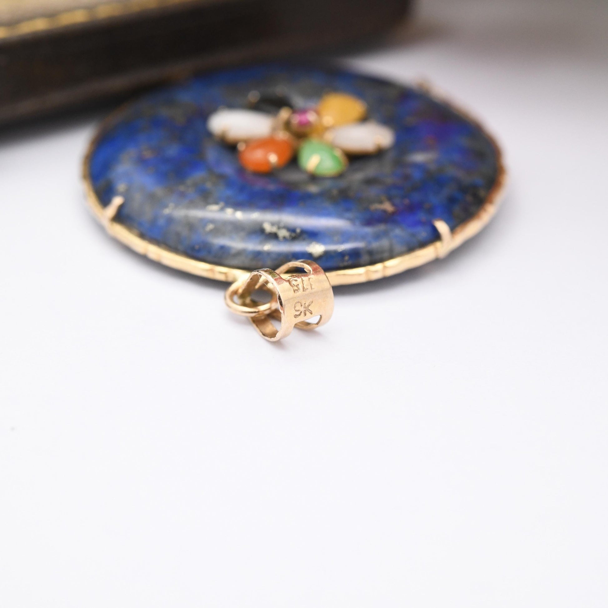 Vintage 9ct Gold Lapis Lazuli Gemstone Flower Pendant - Multi-Stone Quartz Jade Ruby Aventurine | Gold Necklace Gift