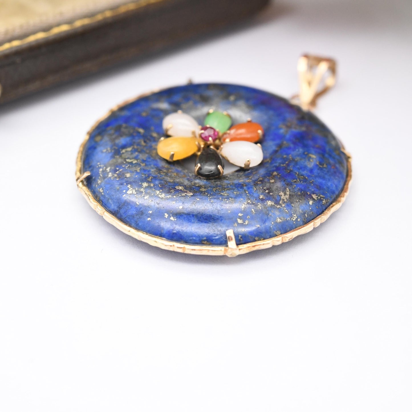 Vintage 9ct Gold Lapis Lazuli Gemstone Flower Pendant - Multi-Stone Quartz Jade Ruby Aventurine | Gold Necklace Gift