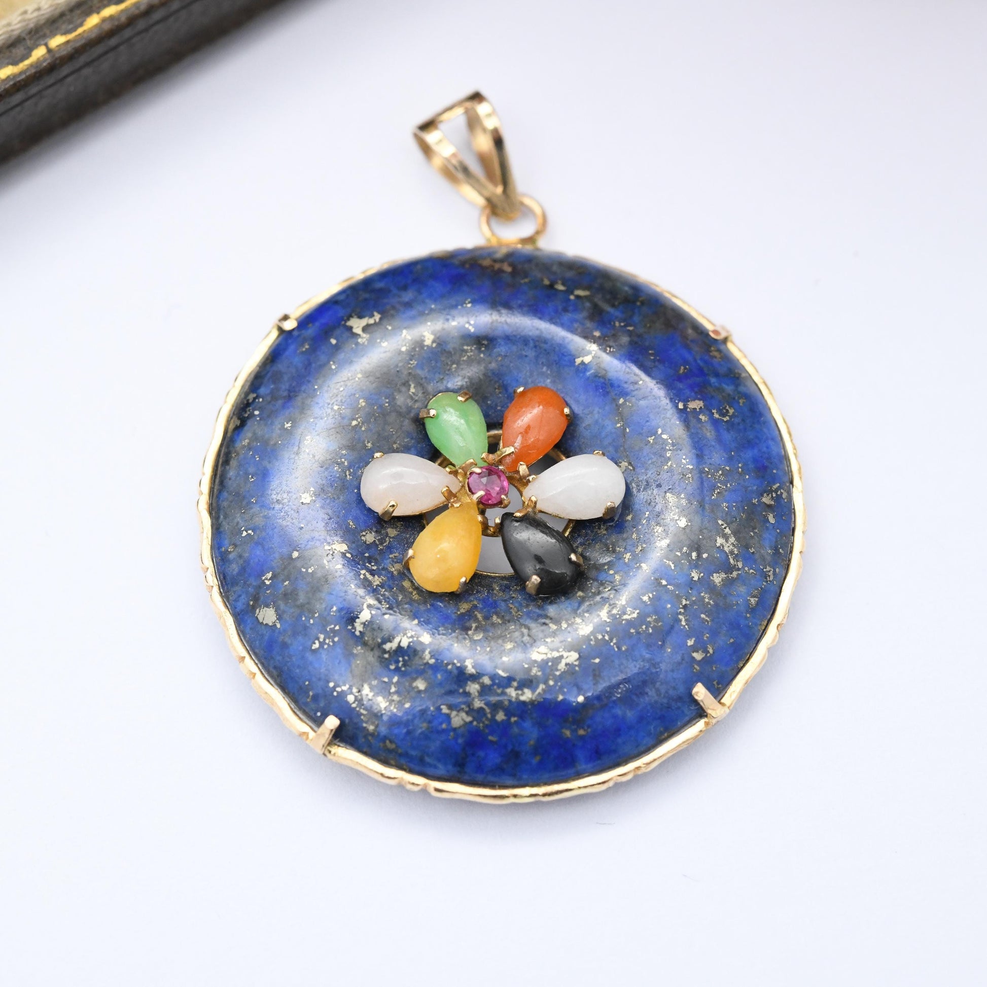 Vintage 9ct Gold Lapis Lazuli Gemstone Flower Pendant - Multi-Stone Quartz Jade Ruby Aventurine | Gold Necklace Gift