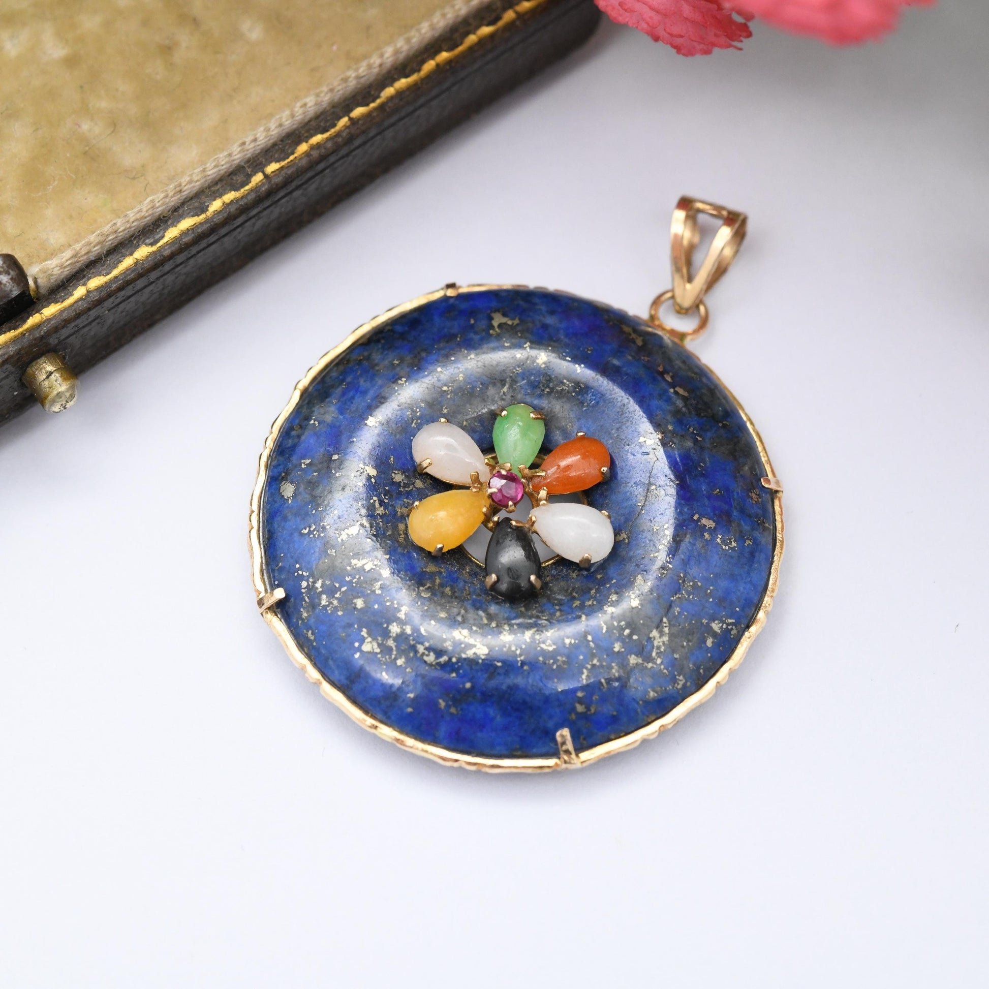 Vintage 9ct Gold Lapis Lazuli Gemstone Flower Pendant - Multi-Stone Quartz Jade Ruby Aventurine | Gold Necklace Gift