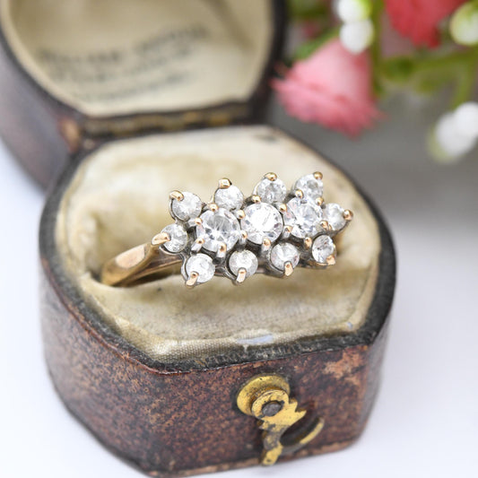 Vintage 9ct Gold Cluster Ring 1970 with Clear Stones - Mid-Century Statement Cocktail Ring | UK Size - O 1/2 | US Size - 7 1/2