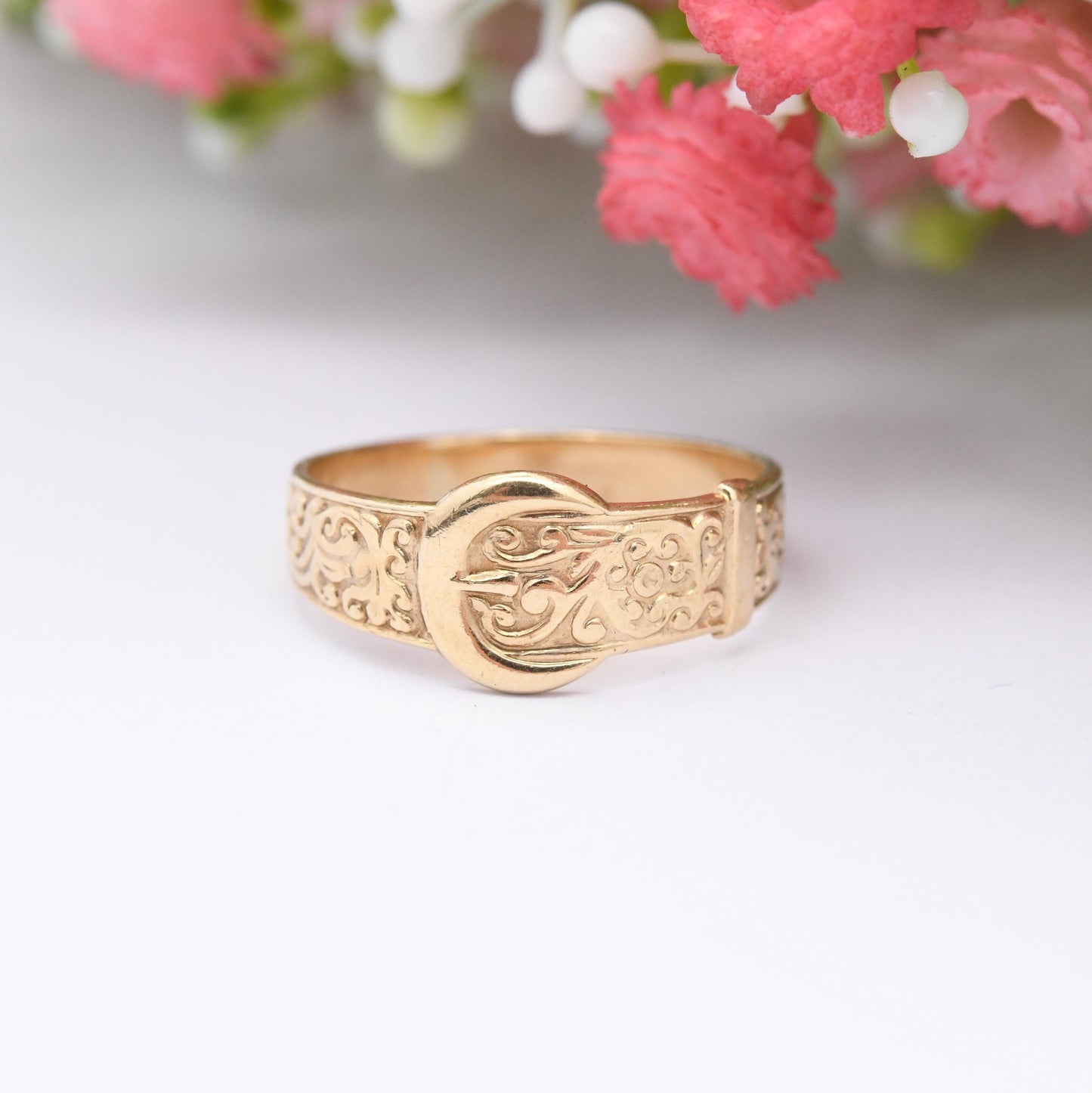 Vintage 9ct Gold Buckle Ring - Victorian Style Belt Buckle Band | Everyday Unisex Gold | Detailed Band Ring | UK Size - O | US Size - 7 1/4