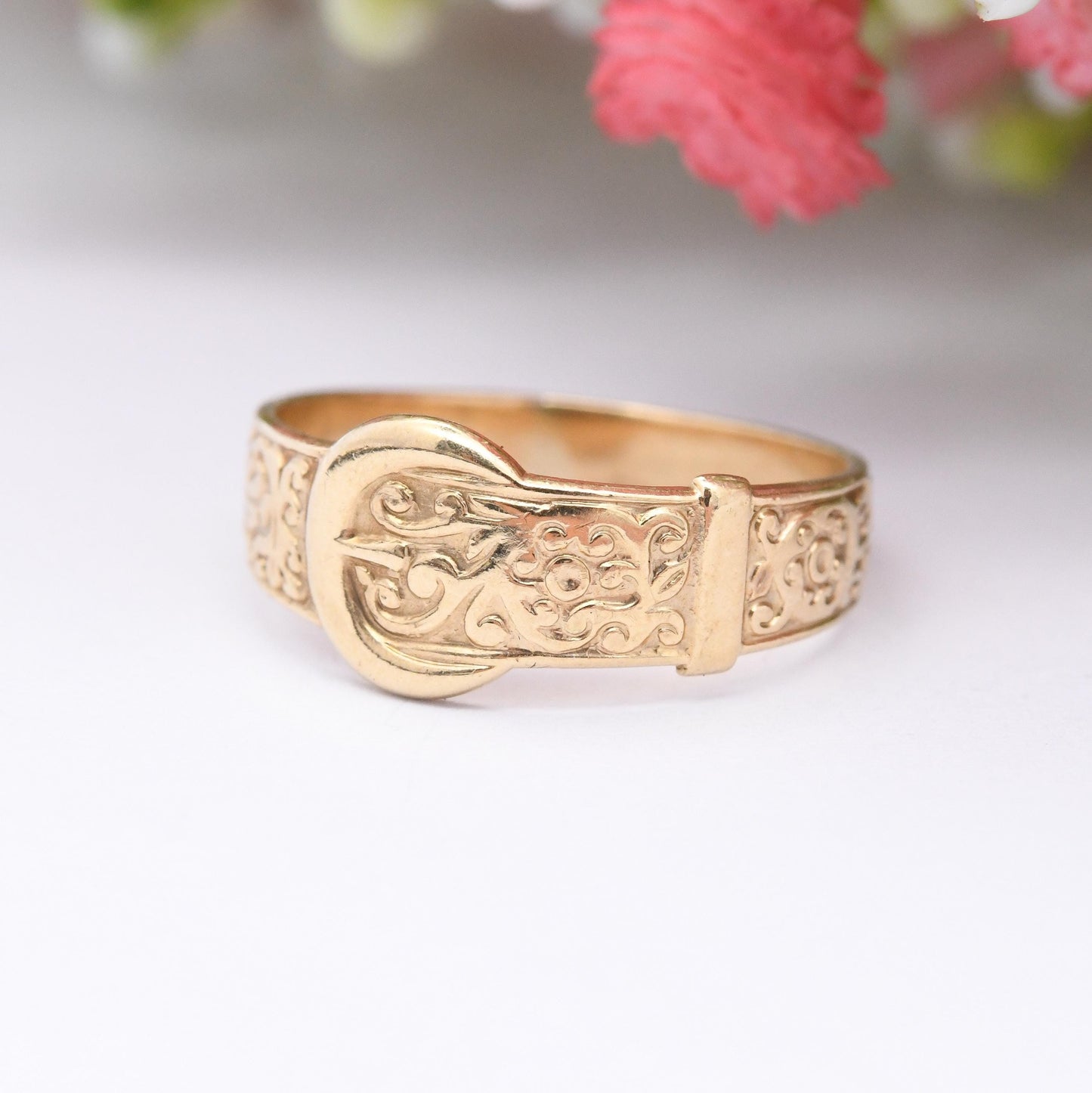 Vintage 9ct Gold Buckle Ring - Victorian Style Belt Buckle Band | Everyday Unisex Gold | Detailed Band Ring | UK Size - O | US Size - 7 1/4