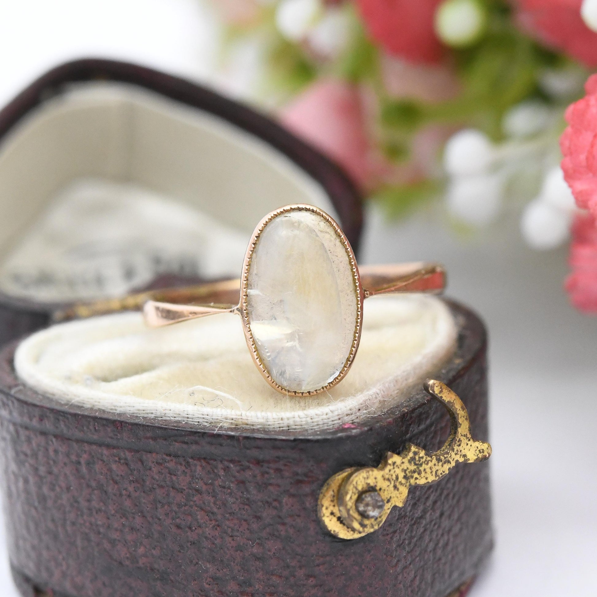 Antique Victorian 9ct Gold Moonstone Ring - Oval Cabochon Gemstone Ring | Antique Rose Gold Jewellery | UK Size - L 1/2 | US Size - 6