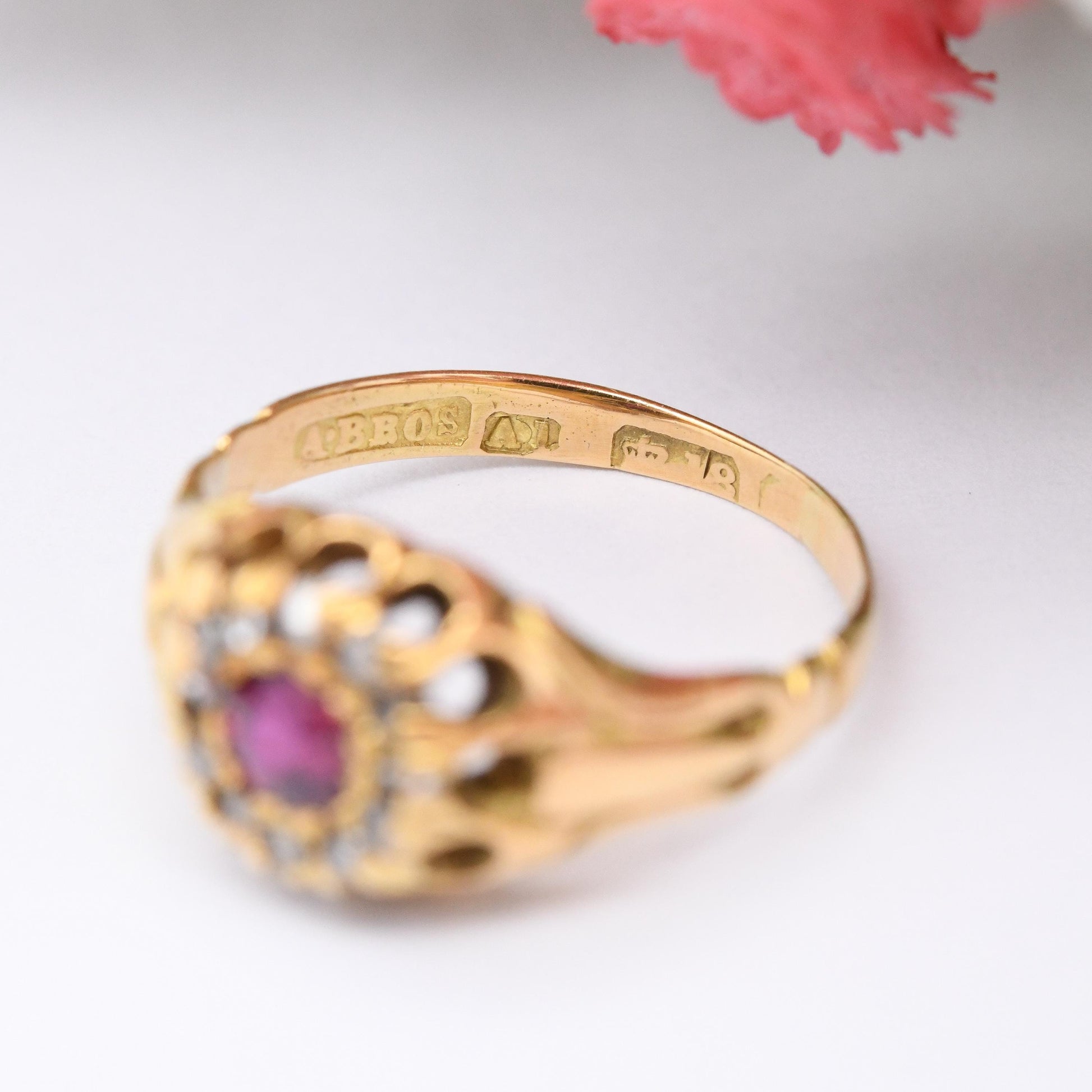 Antique Victorian 18ct Gold Ruby Diamond Ring - Diamond Halo Cluster | A Bros Ahronsburg Brothers | UK Size - K | US Size - 5 1/4