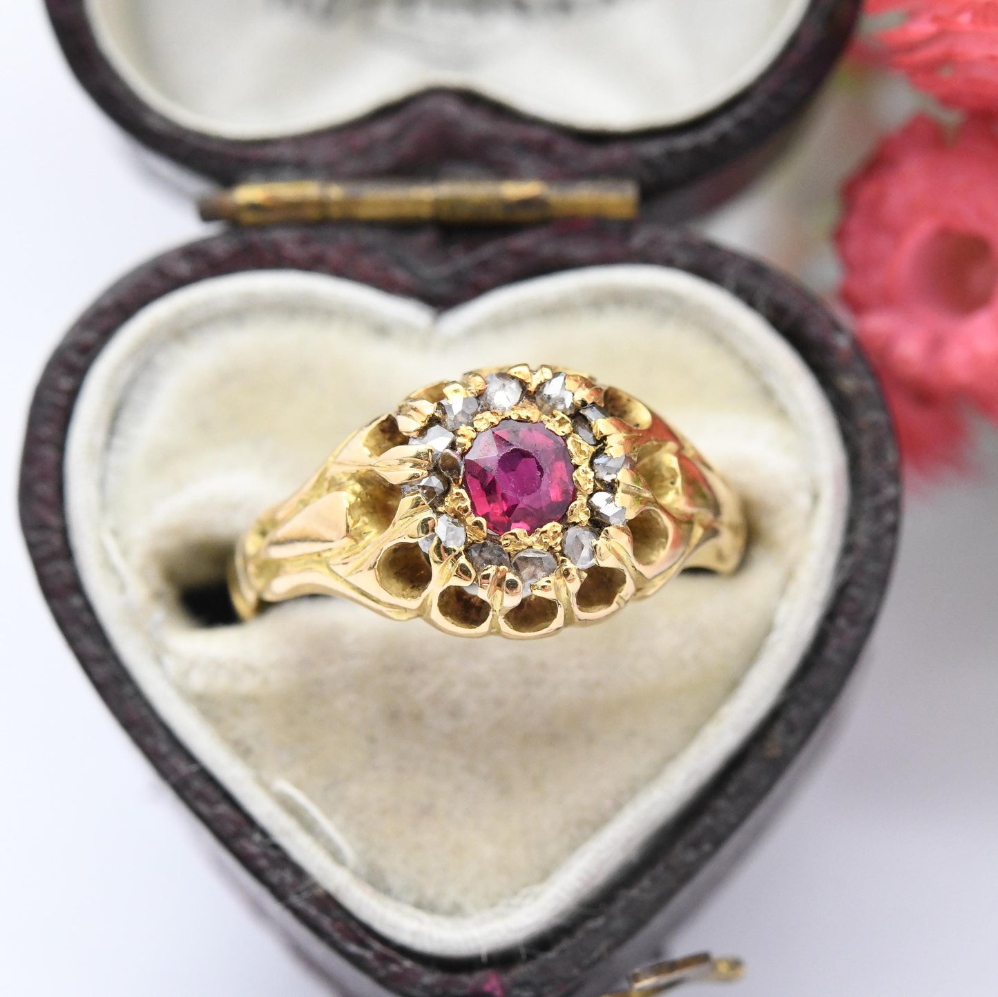 Antique Victorian 18ct Gold Ruby Diamond Ring - Diamond Halo Cluster | A Bros Ahronsburg Brothers | UK Size - K | US Size - 5 1/4