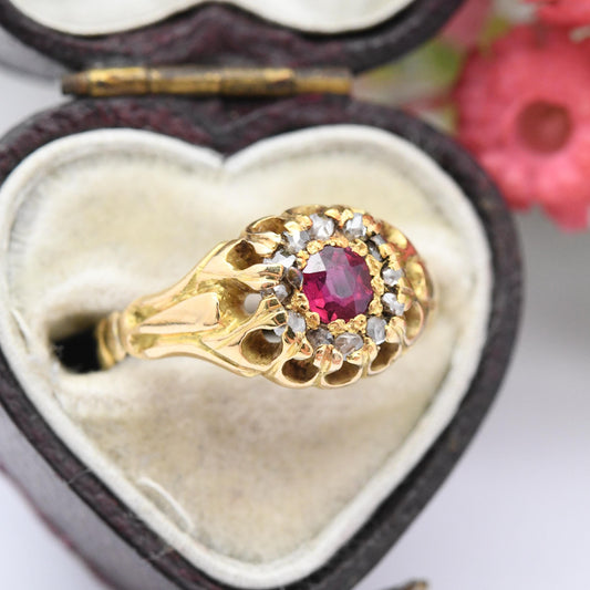 Antique Victorian 18ct Gold Ruby Diamond Ring - Diamond Halo Cluster | A Bros Ahronsburg Brothers | UK Size - K | US Size - 5 1/4