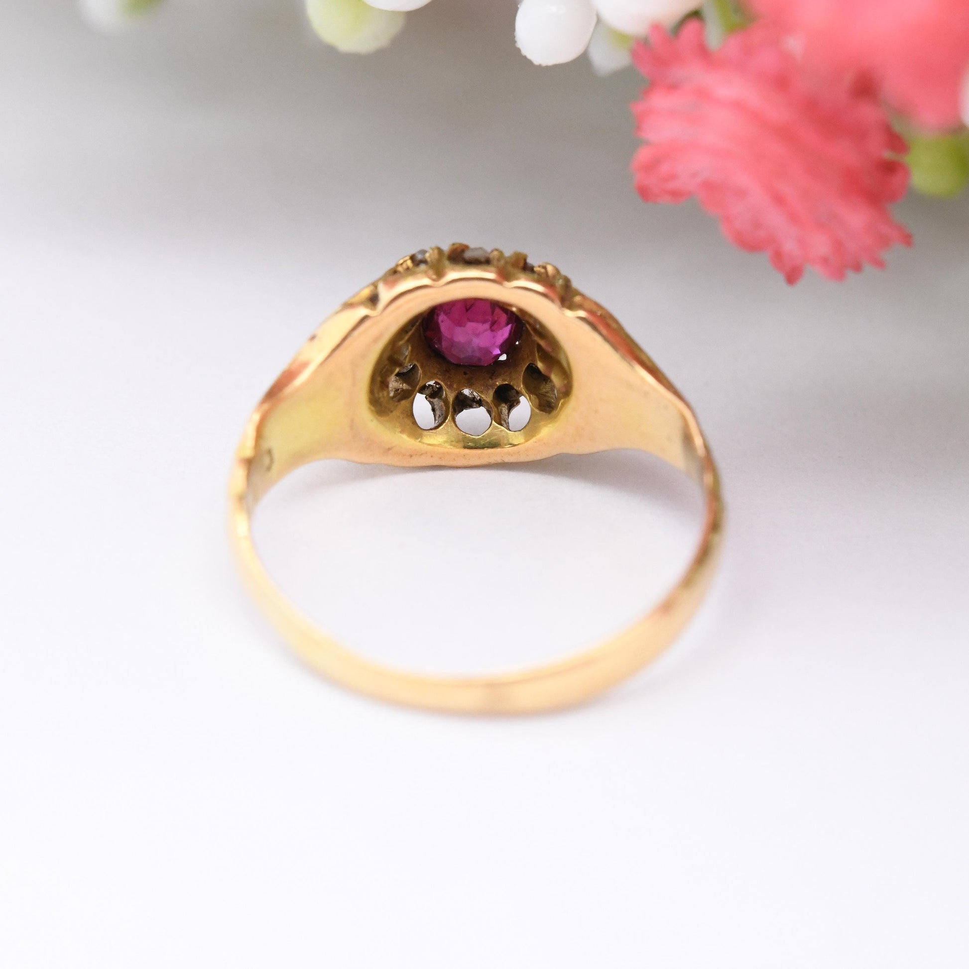 Antique Victorian 18ct Gold Ruby Diamond Ring - Diamond Halo Cluster | A Bros Ahronsburg Brothers | UK Size - K | US Size - 5 1/4