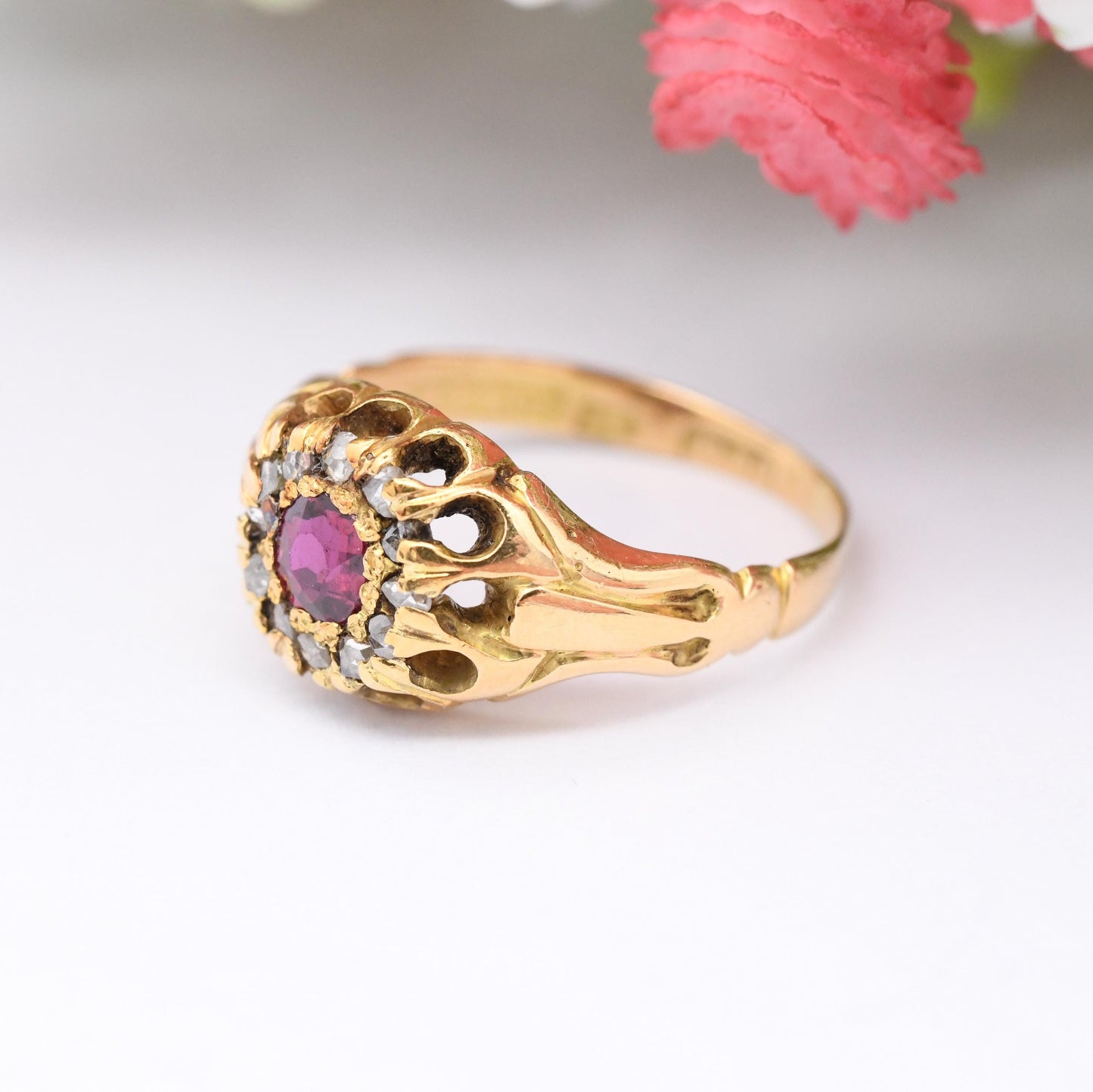 Antique Victorian 18ct Gold Ruby Diamond Ring - Diamond Halo Cluster | A Bros Ahronsburg Brothers | UK Size - K | US Size - 5 1/4