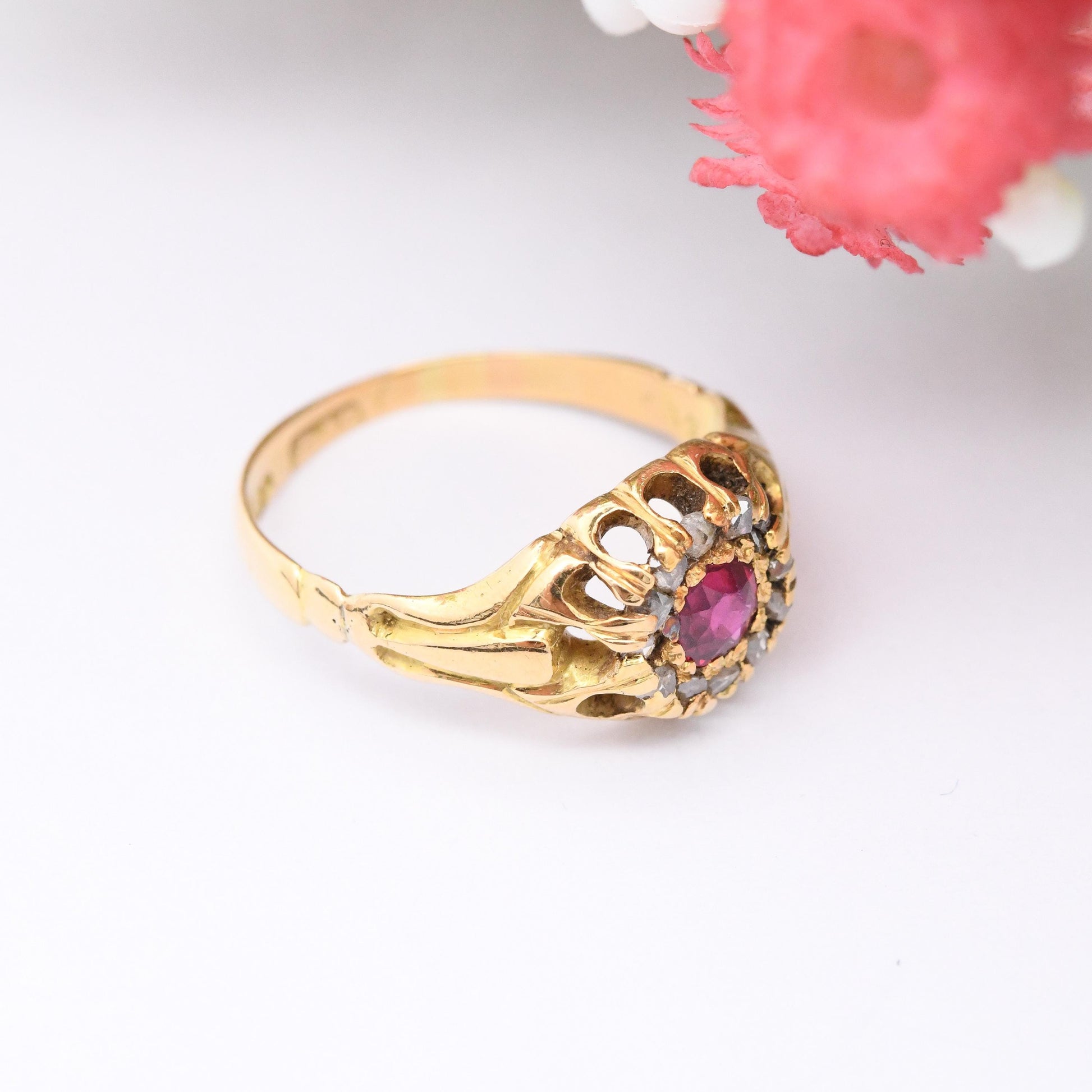 Antique Victorian 18ct Gold Ruby Diamond Ring - Diamond Halo Cluster | A Bros Ahronsburg Brothers | UK Size - K | US Size - 5 1/4