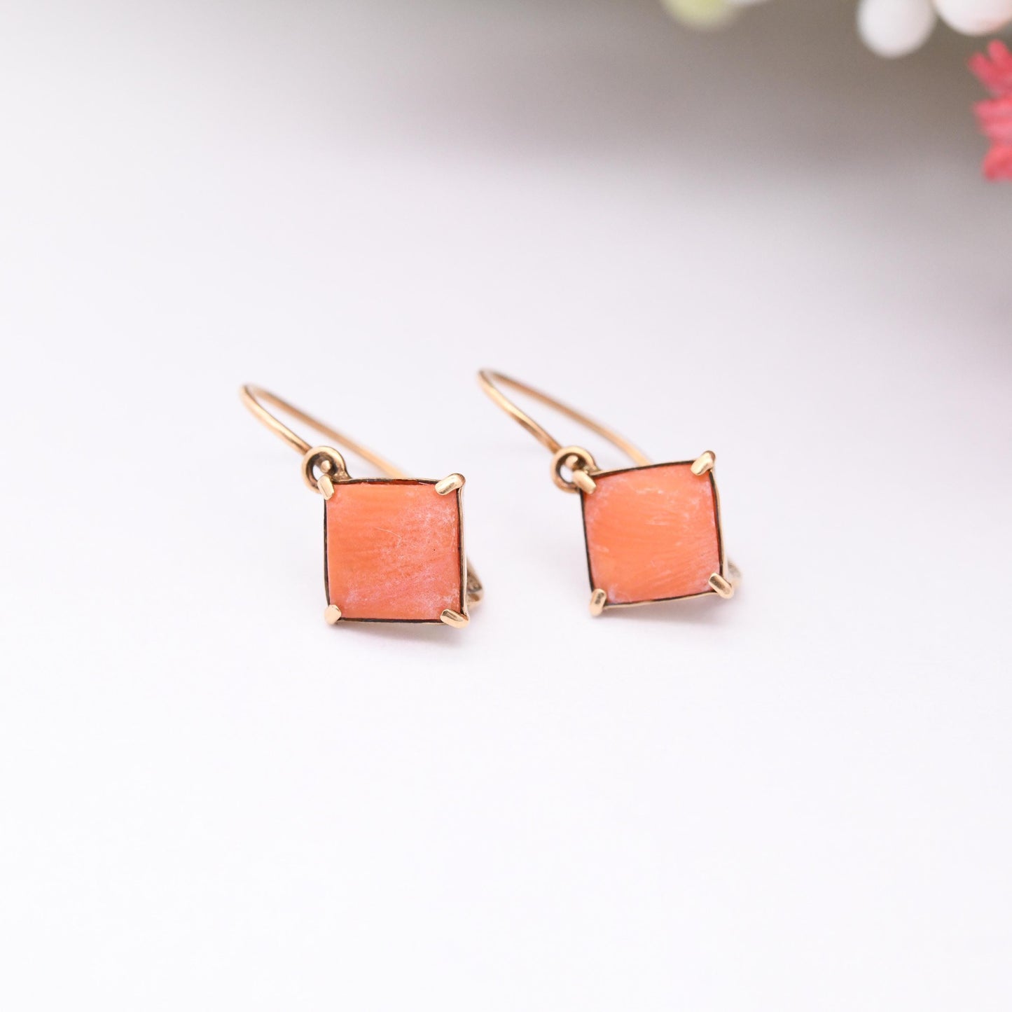 Antique 14ct Gold Coral Earrings with Lever-Back Closure - Delicate Gold Earrings with Diamond Shape Salmon Coral Front Fastening Hook Clasp