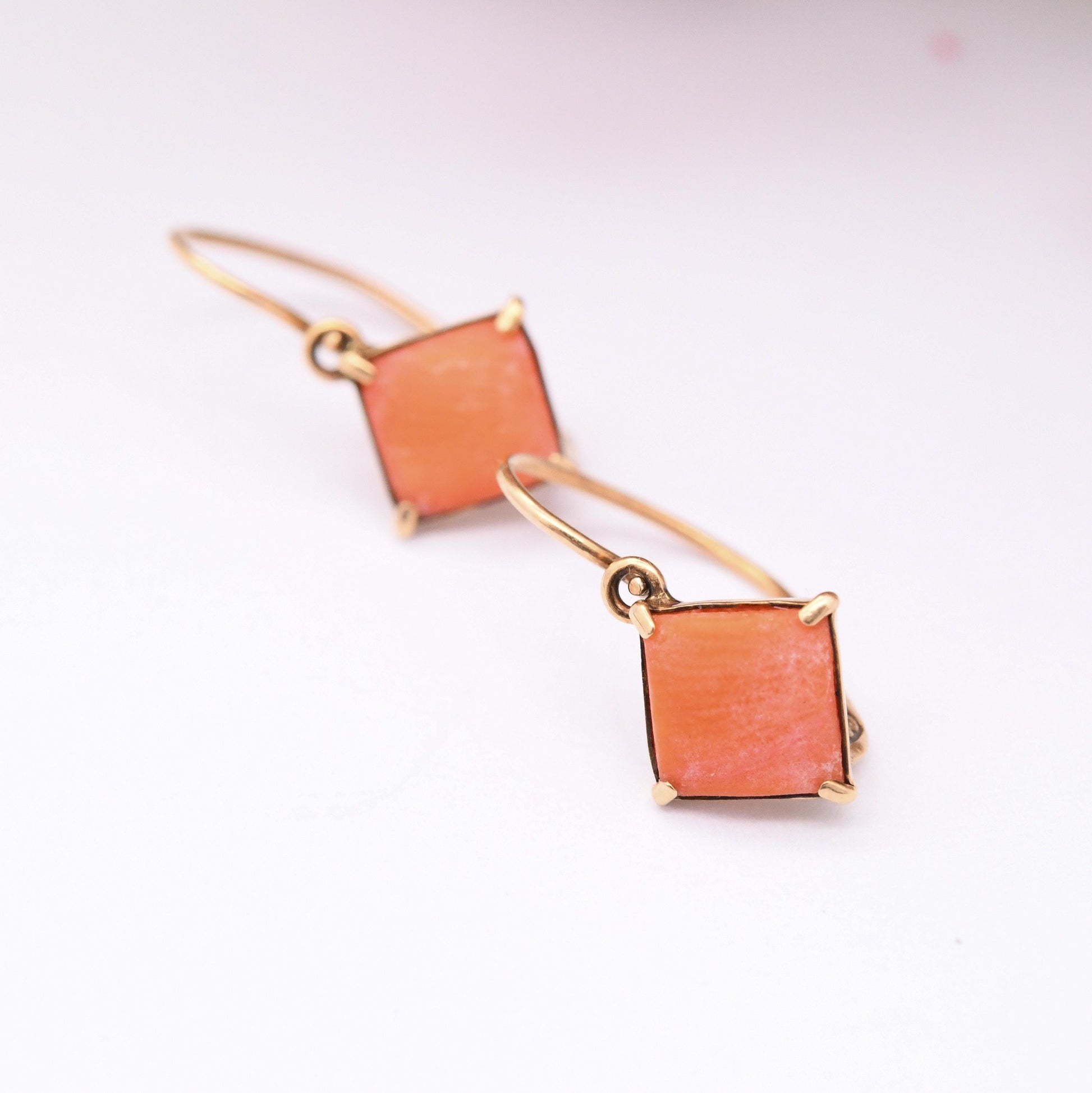 Antique 14ct Gold Coral Earrings with Lever-Back Closure - Delicate Gold Earrings with Diamond Shape Salmon Coral Front Fastening Hook Clasp