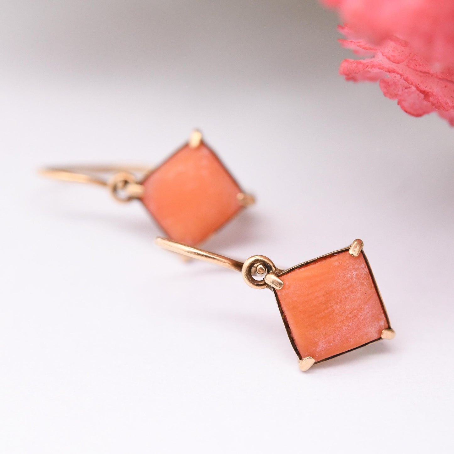 Antique 14ct Gold Coral Earrings with Lever-Back Closure - Delicate Gold Earrings with Diamond Shape Salmon Coral Front Fastening Hook Clasp