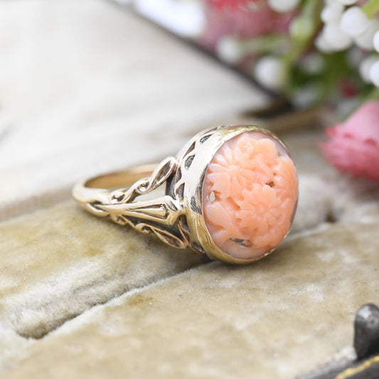 Antique Victorian 9ct Gold Carved Coral Ring - Flower Engraved Cameo | Large Stone | Ornate Shoulders | UK Size - M 1/2 | US Size - 6 1/2