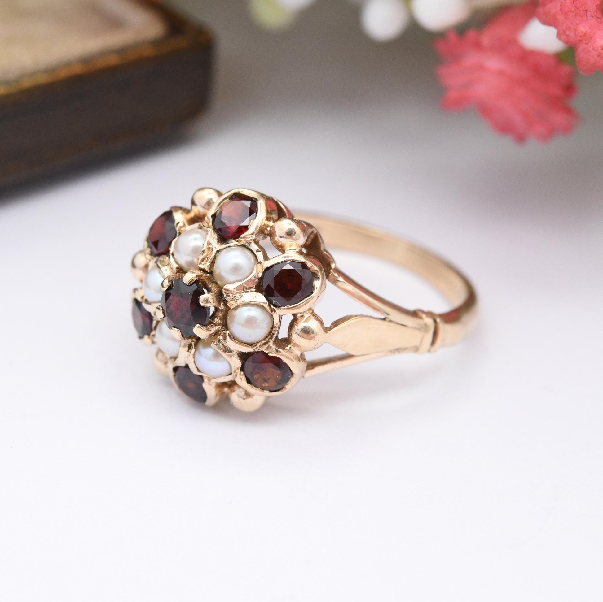 Vintage 9ct Gold Garnet Pearl Statement Cluster Ring 1966 - Mid-Century Victorian Revival Antique Style | UK Size - Q | US Size - 8 1/4