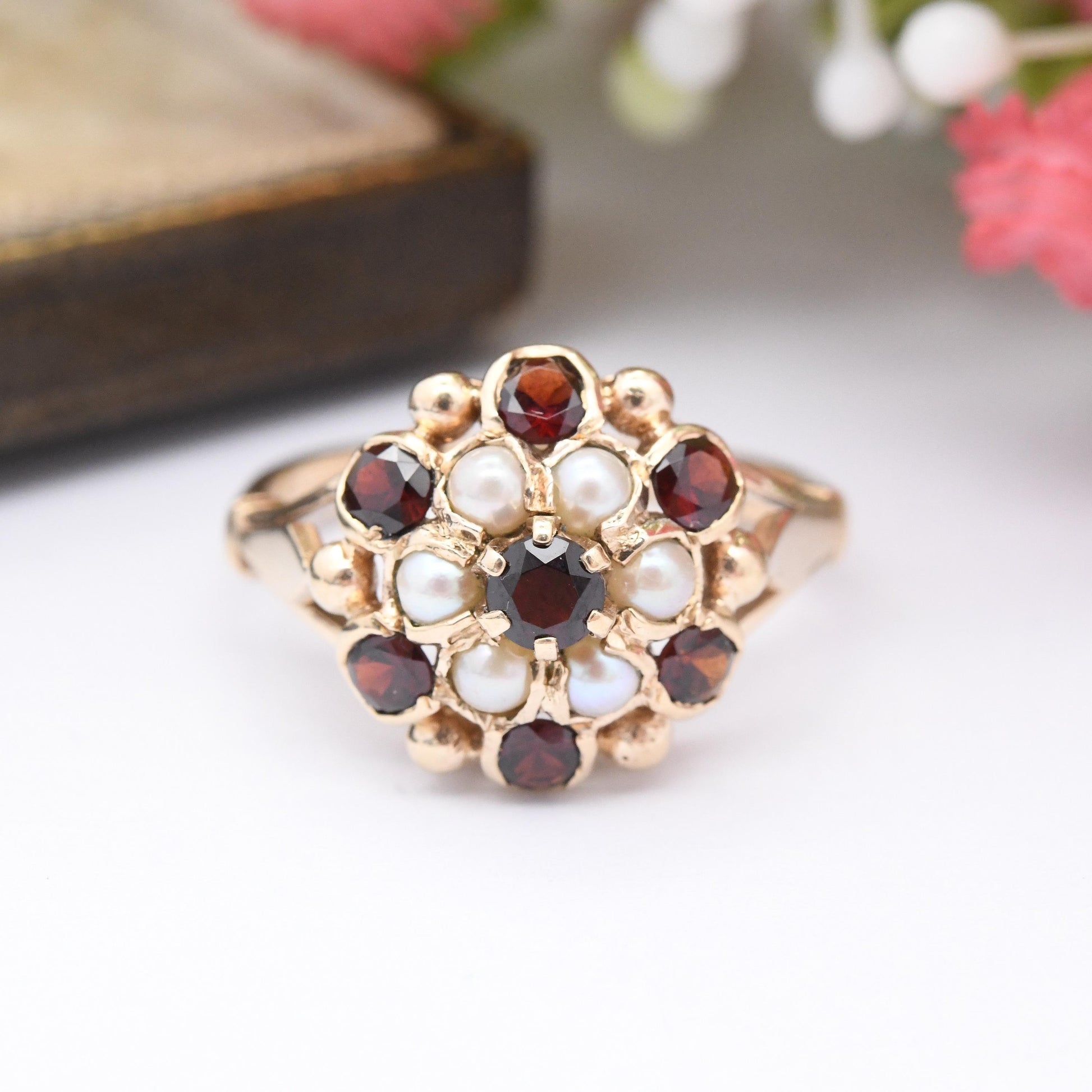 Vintage 9ct Gold Garnet Pearl Statement Cluster Ring 1966 - Mid-Century Victorian Revival Antique Style | UK Size - Q | US Size - 8 1/4