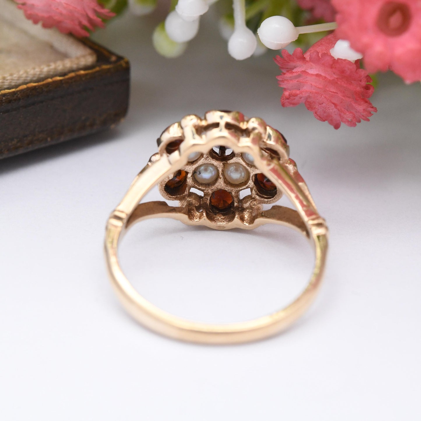 Vintage 9ct Gold Garnet Pearl Statement Cluster Ring 1966 - Mid-Century Victorian Revival Antique Style | UK Size - Q | US Size - 8 1/4