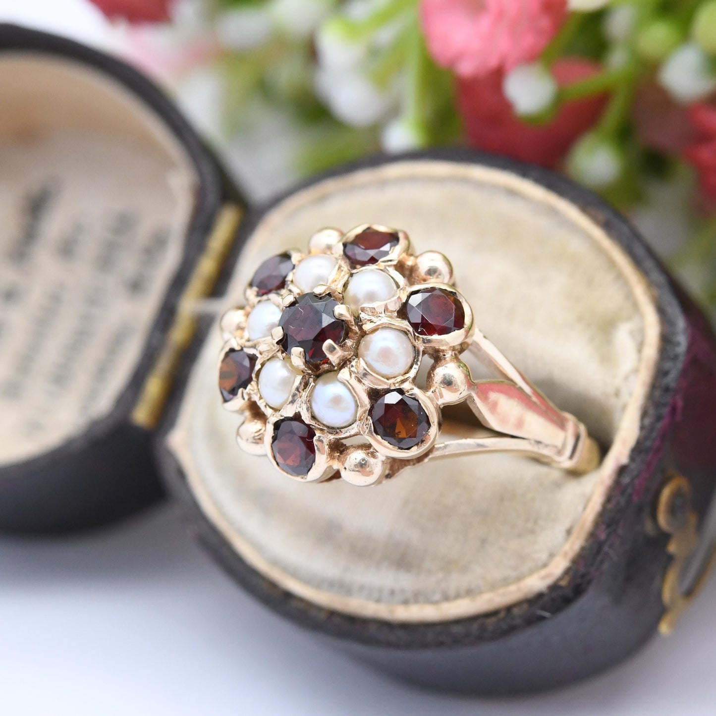 Vintage 9ct Gold Garnet Pearl Statement Cluster Ring 1966 - Mid-Century Victorian Revival Antique Style | UK Size - Q | US Size - 8 1/4