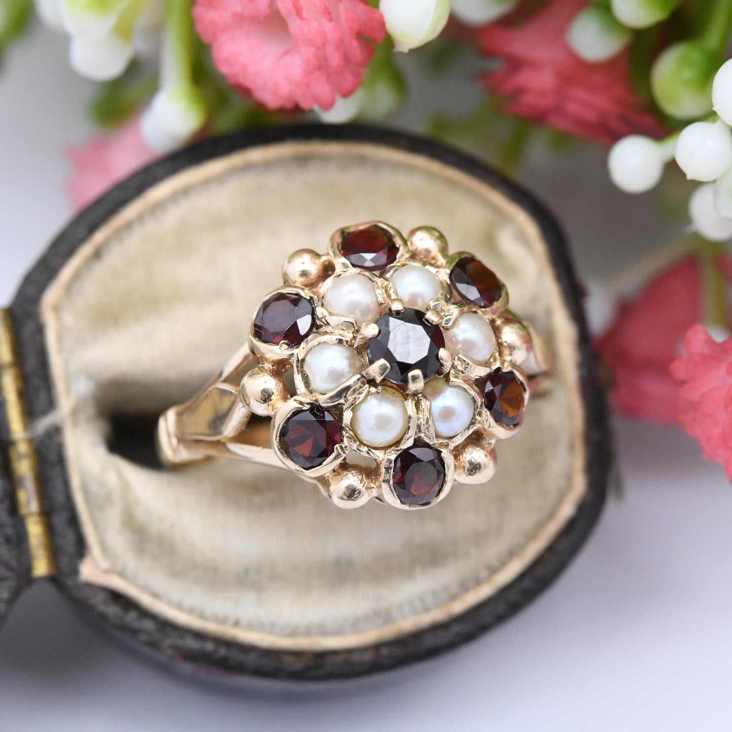 Vintage 9ct Gold Garnet Pearl Statement Cluster Ring 1966 - Mid-Century Victorian Revival Antique Style | UK Size - Q | US Size - 8 1/4