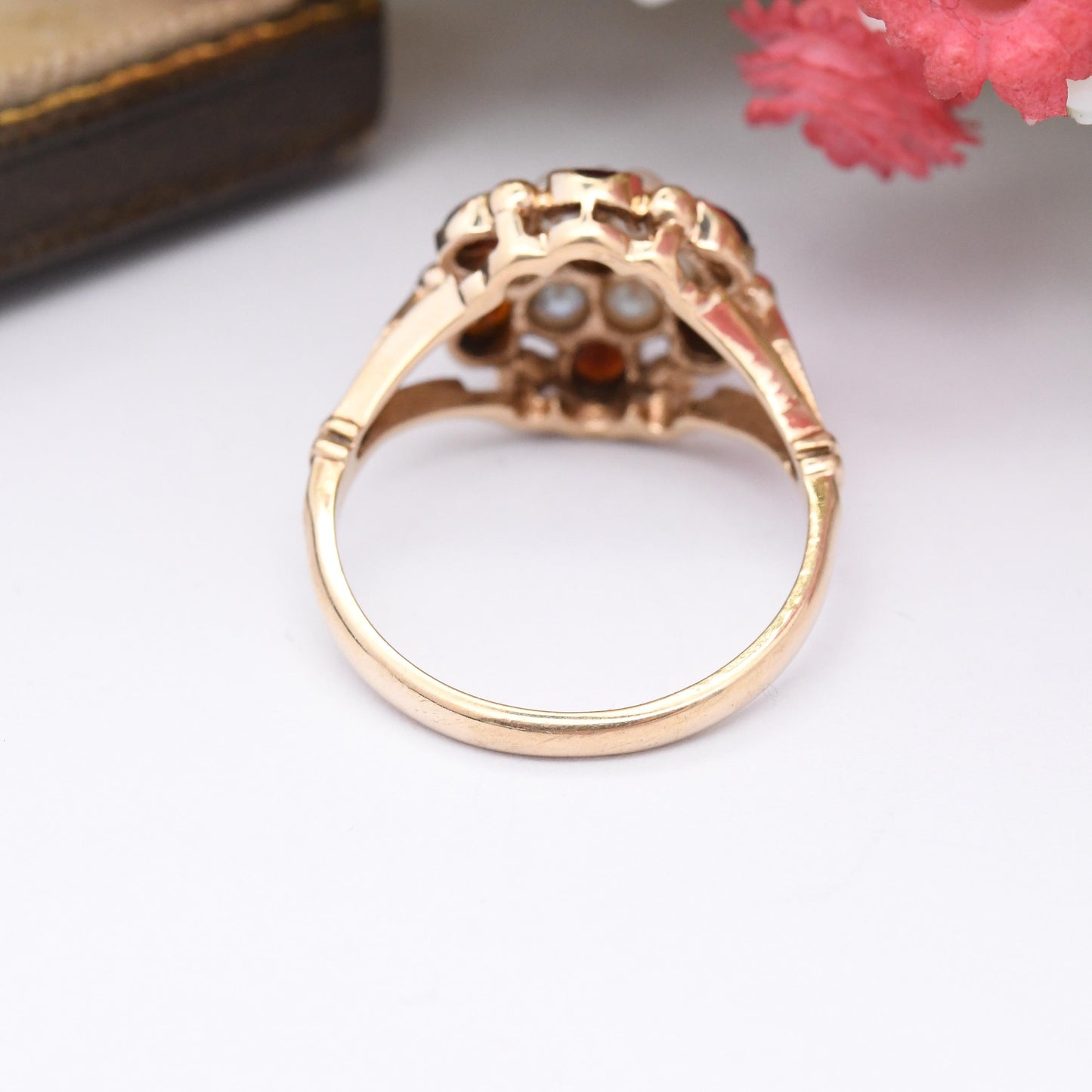 Vintage 9ct Gold Garnet Pearl Statement Cluster Ring 1966 - Mid-Century Victorian Revival Antique Style | UK Size - Q | US Size - 8 1/4