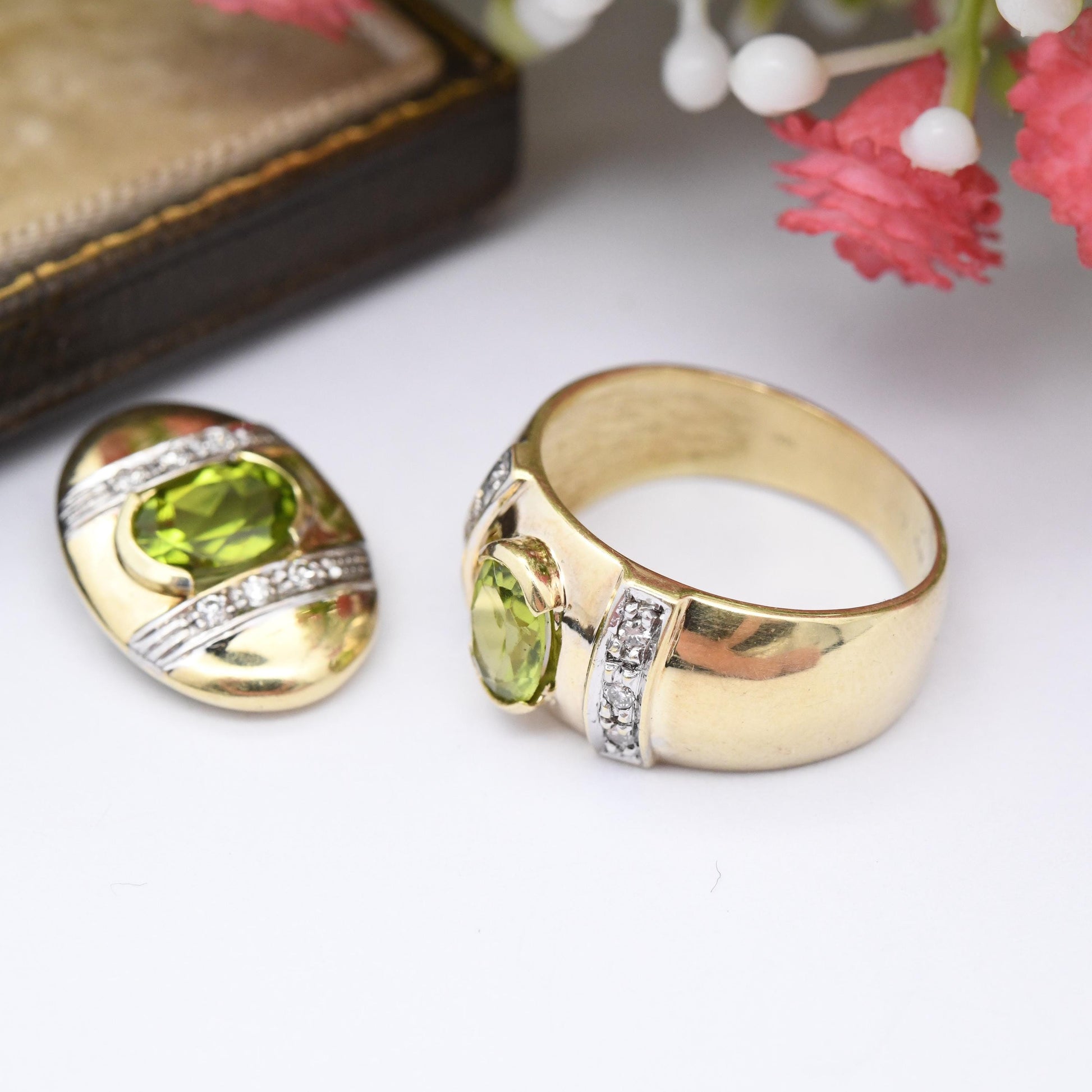 Vintage 14ct Gold Peridot Diamond Ring and Pendant Set - Contemporary Statement Cocktail Jewellery Green | UK Size - L | US Size - 5 3/4