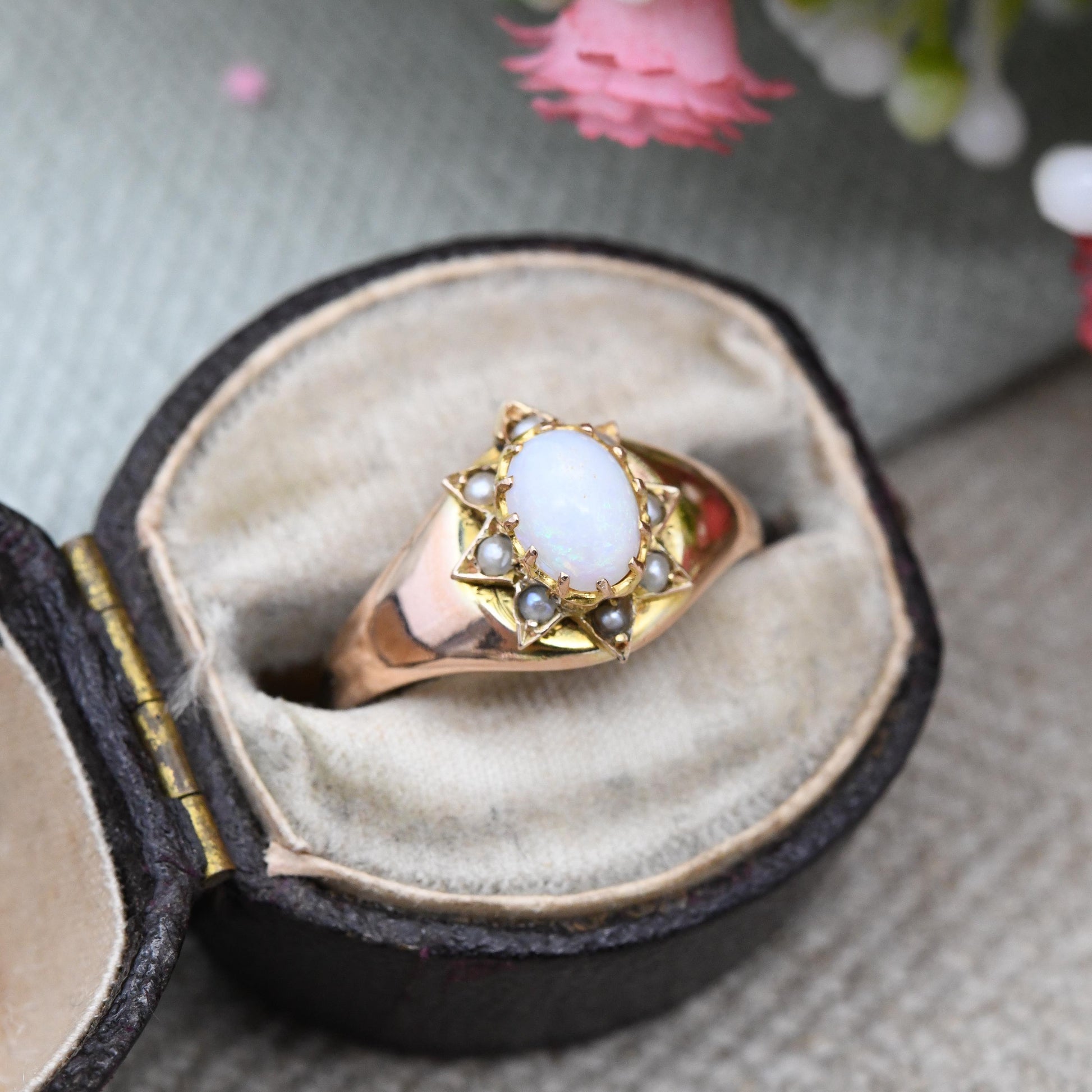 Antique 9ct Gold Opal and Pearl Ring 1903 Edwardian - Gemstone Star Halo | Henry Griffith Chester Hallmarks | UK Size - L | US Size - 5 3/4